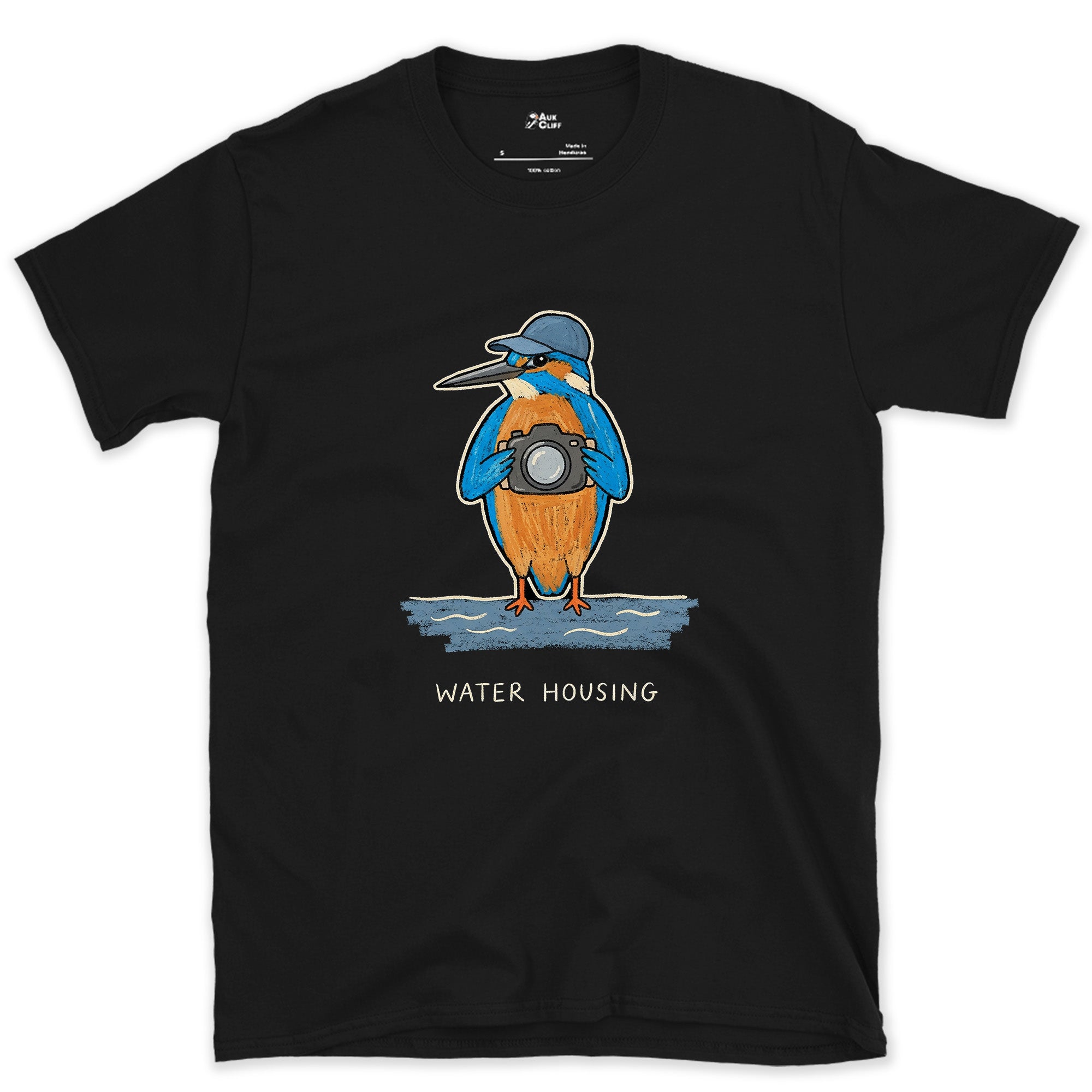 Lives for the Dive, Kingfisher With a Camera design on a Black Gildan Softstyle t-shirt