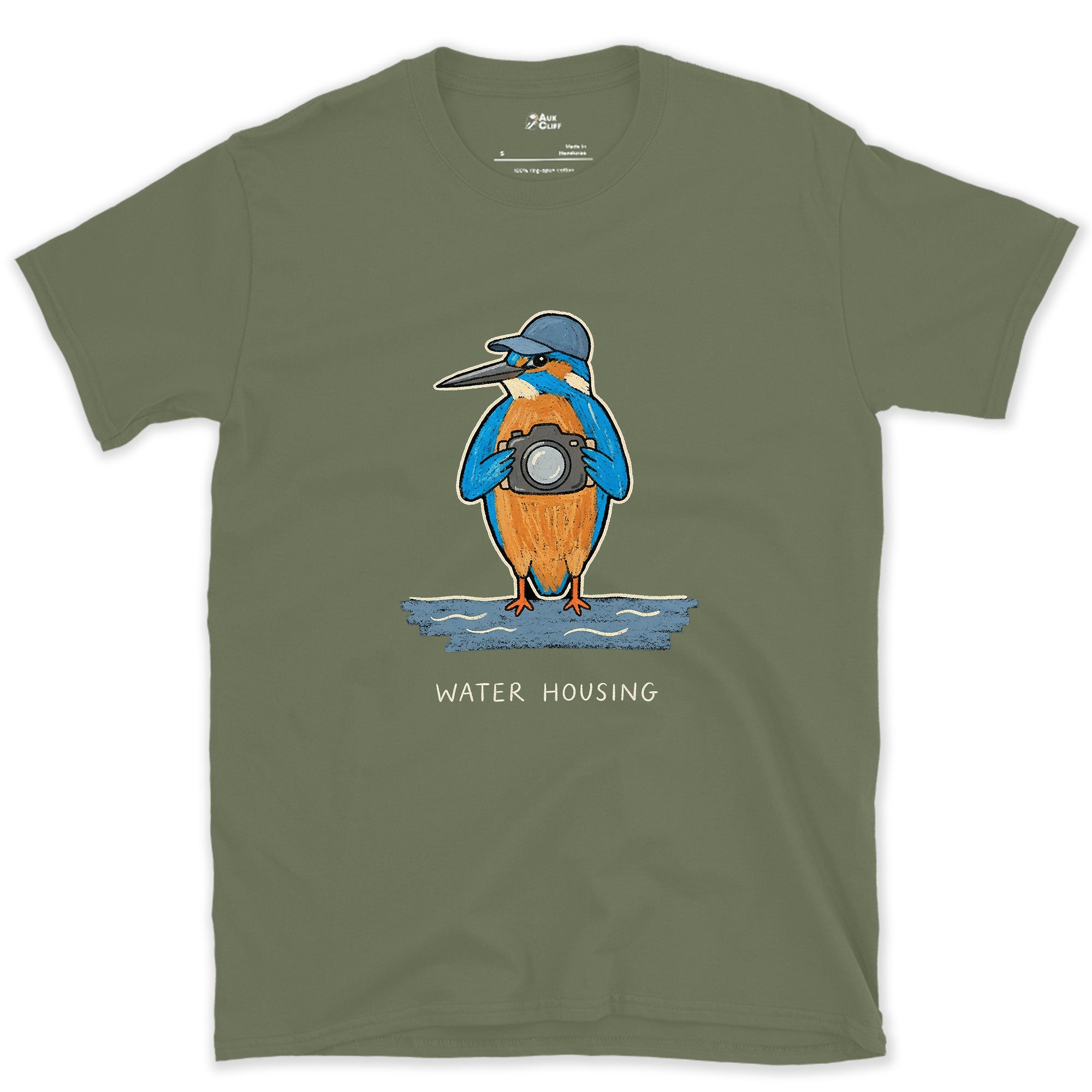Lives for the Dive, Kingfisher With a Camera design on a Military Green Gildan Softstyle t-shirt