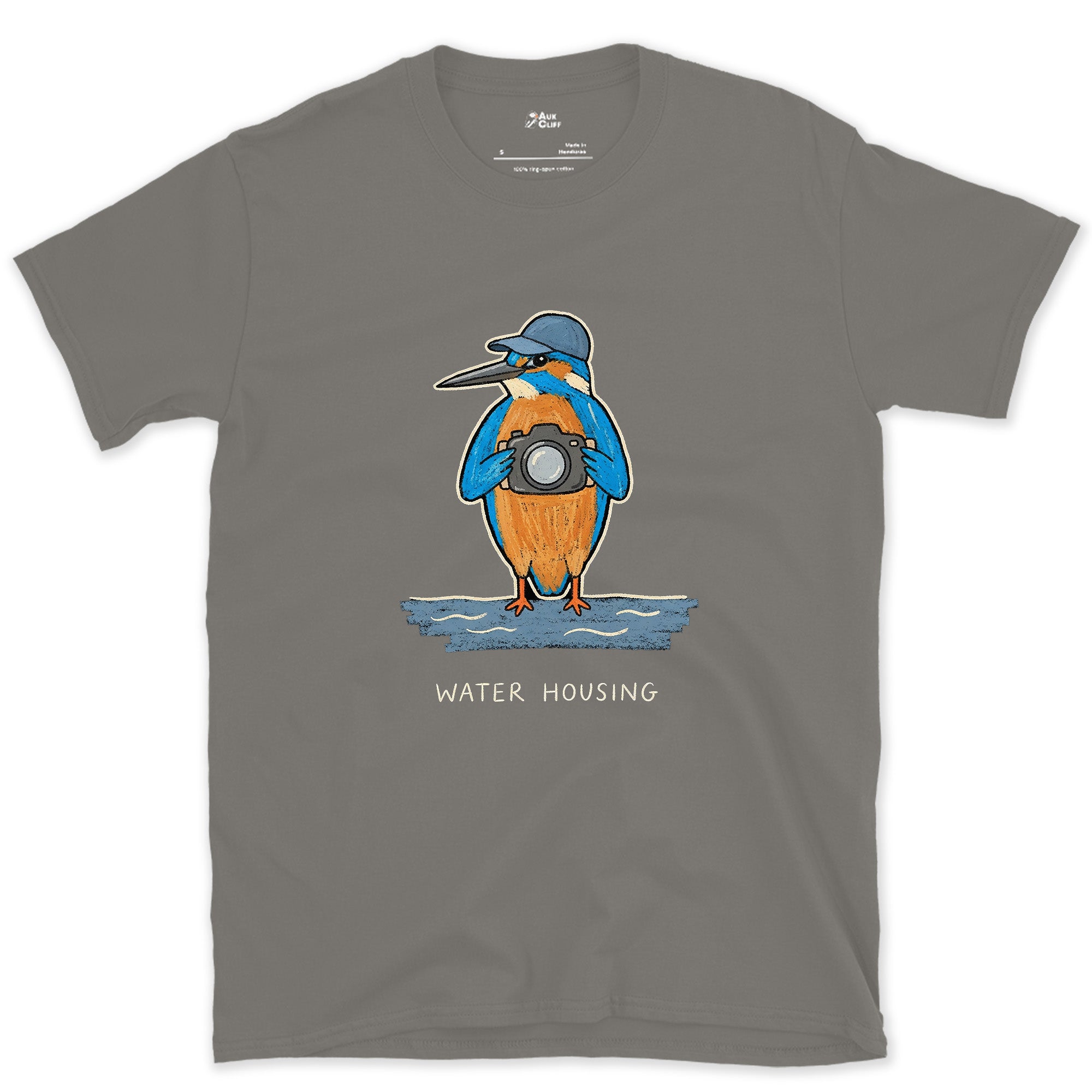 Lives for the Dive, Kingfisher With a Camera design on a Charcoal Gildan Softstyle t-shirt