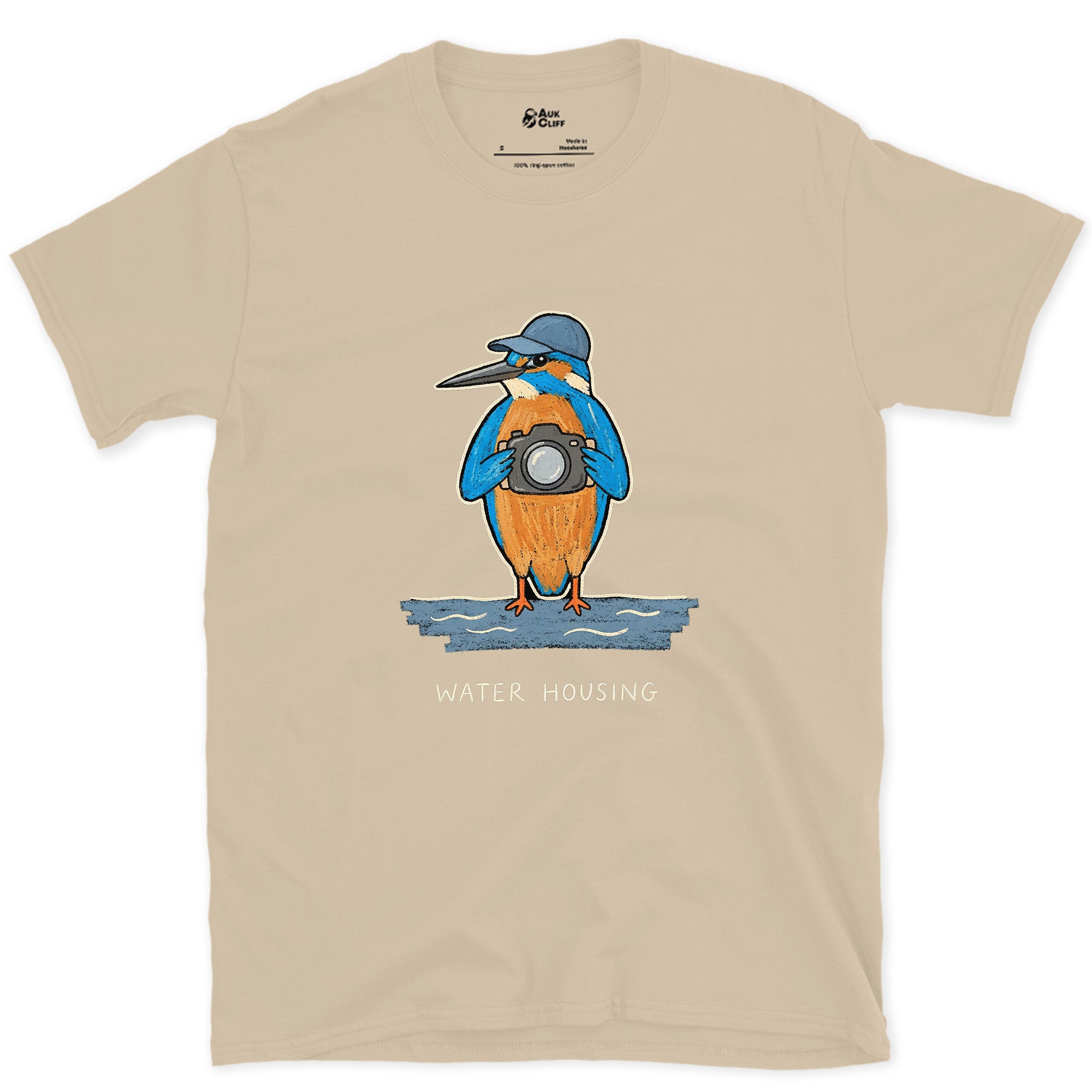 Lives for the Dive, Kingfisher With a Camera design on a Sand Gildan Softstyle t-shirt