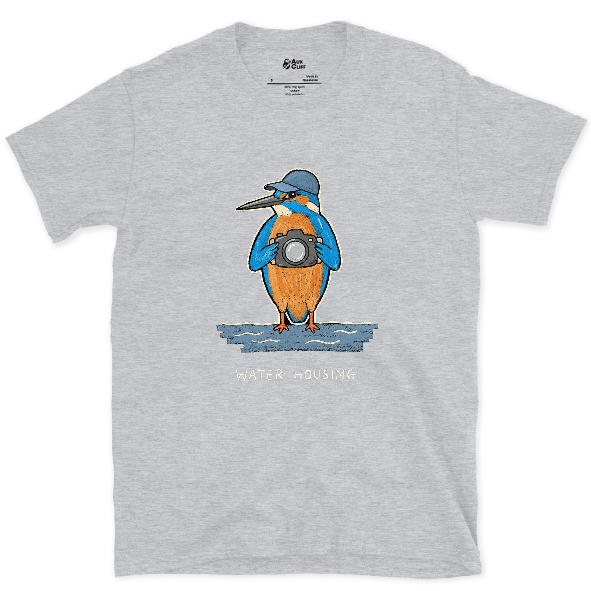 Lives for the Dive, Kingfisher With a Camera design on a Sport Grey Gildan Softstyle t-shirt
