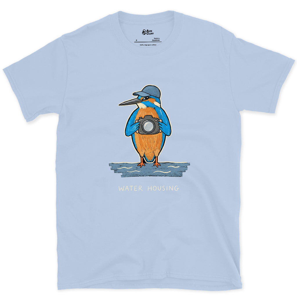 Lives for the Dive, Kingfisher With a Camera design on a Light Blue Gildan Softstyle t-shirt