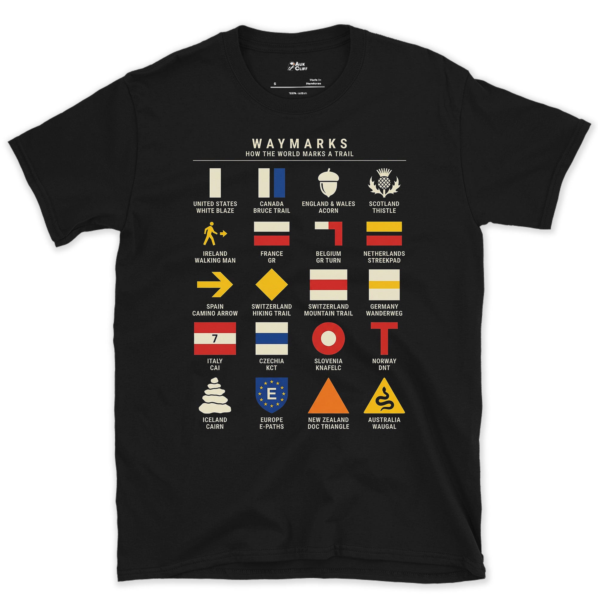 Waymarks From White Blaze to Wanderweg design on a Black Gildan Softstyle t-shirt