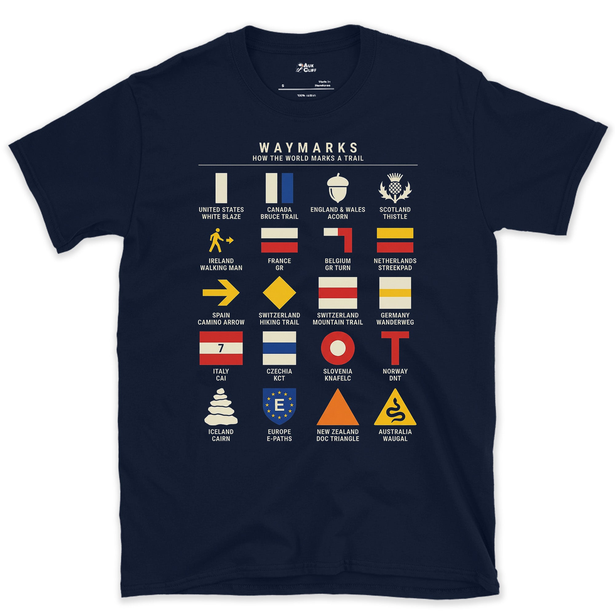 Waymarks From White Blaze to Wanderweg design on a Navy Gildan Softstyle t-shirt