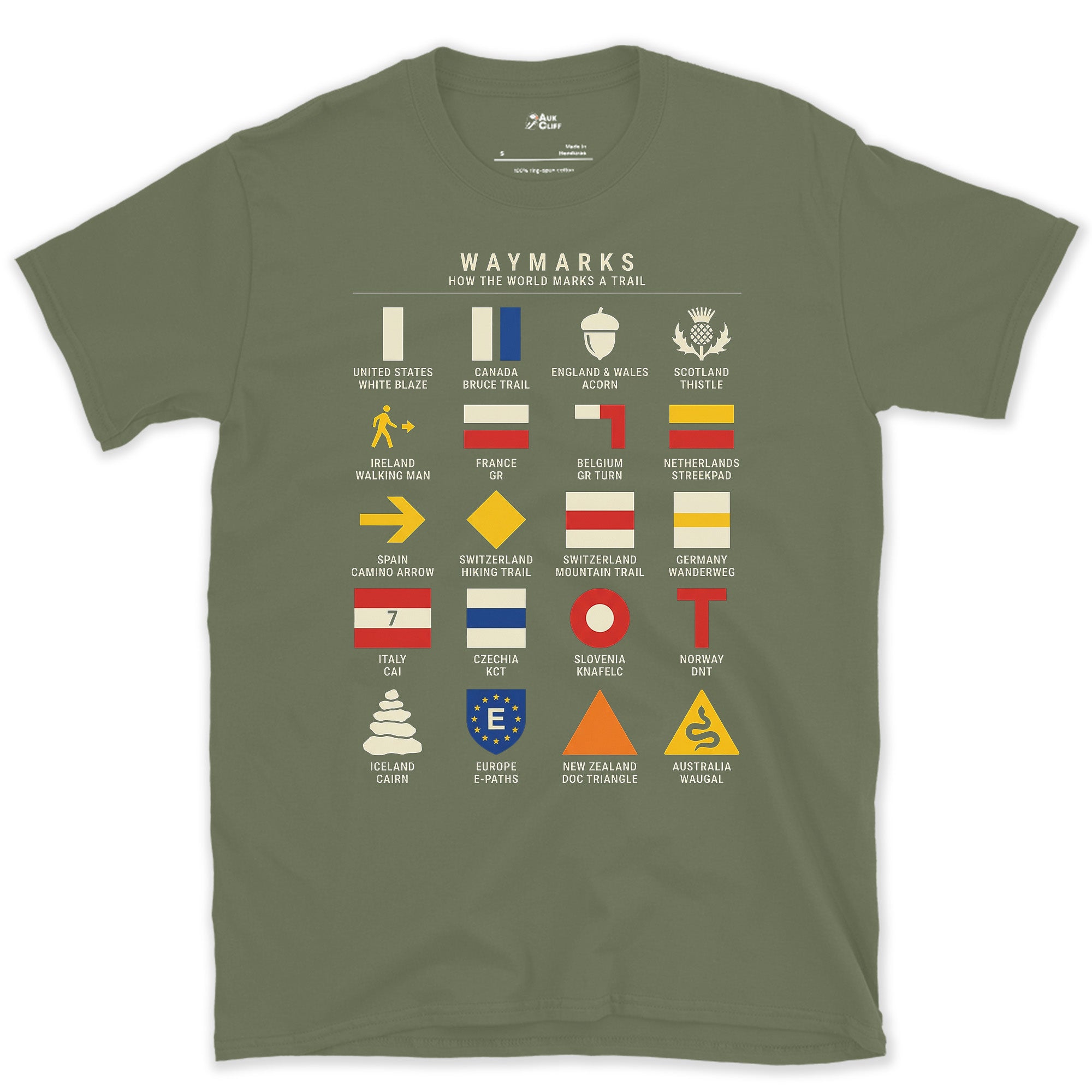 Waymarks From White Blaze to Wanderweg design on a Military Green Gildan Softstyle t-shirt