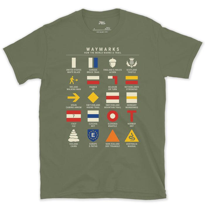 Waymarks From White Blaze to Wanderweg design on a Military Green Gildan Softstyle t-shirt