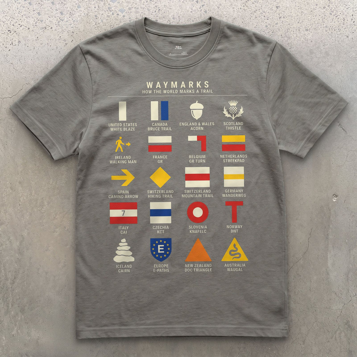 Waymarks From White Blaze to Wanderweg design on a Charcoal Gildan Softstyle t-shirt