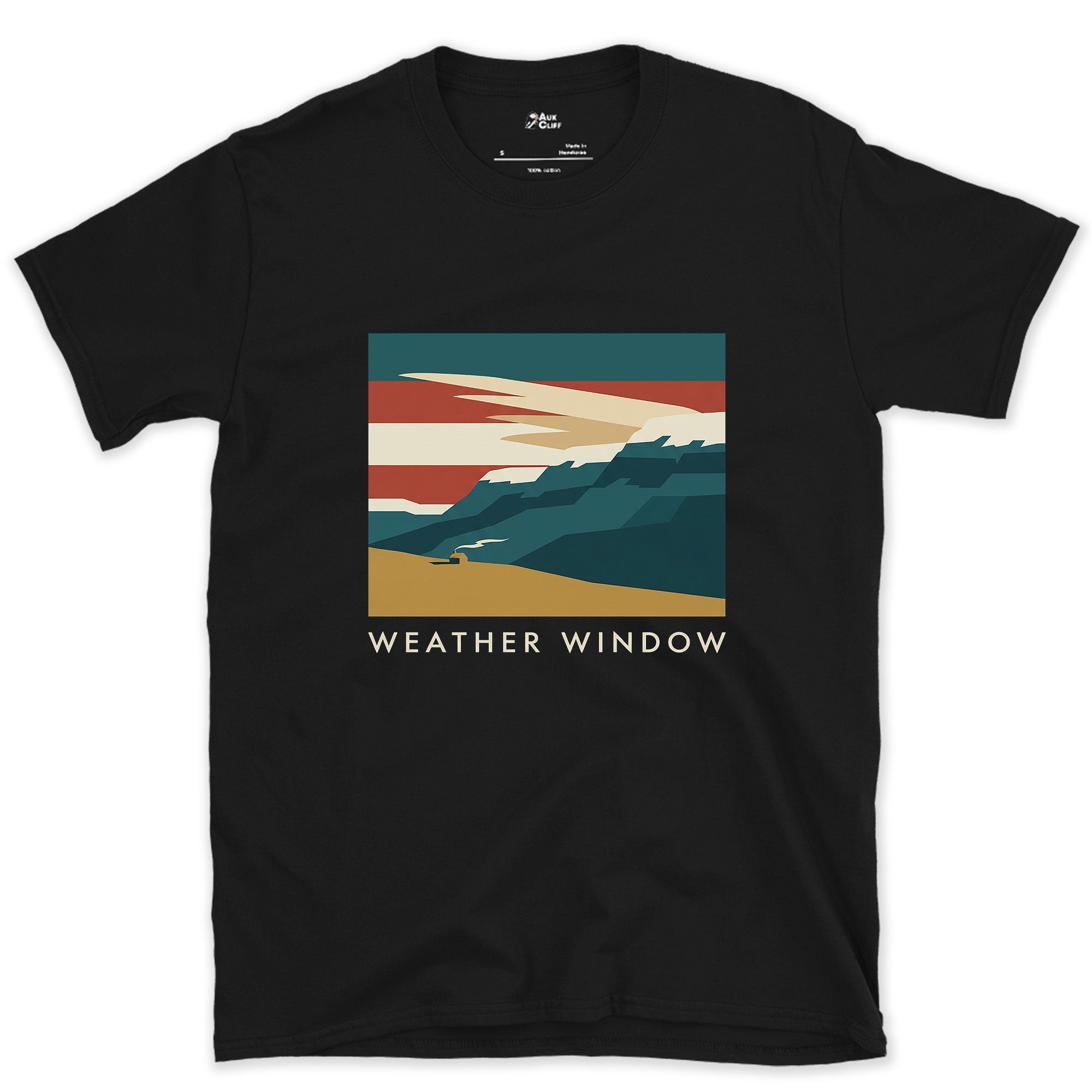 Weather Window, Storm Clouds Breaking Over the Mountains design on a Black Gildan Softstyle t-shirt