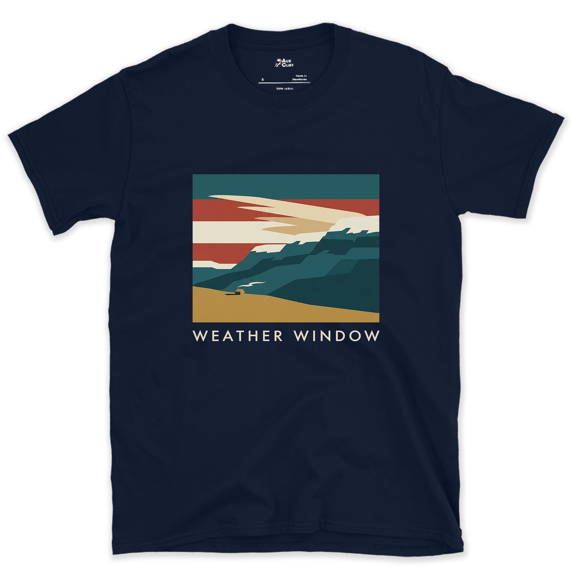 Weather Window, Storm Clouds Breaking Over the Mountains design on a Navy Gildan Softstyle t-shirt