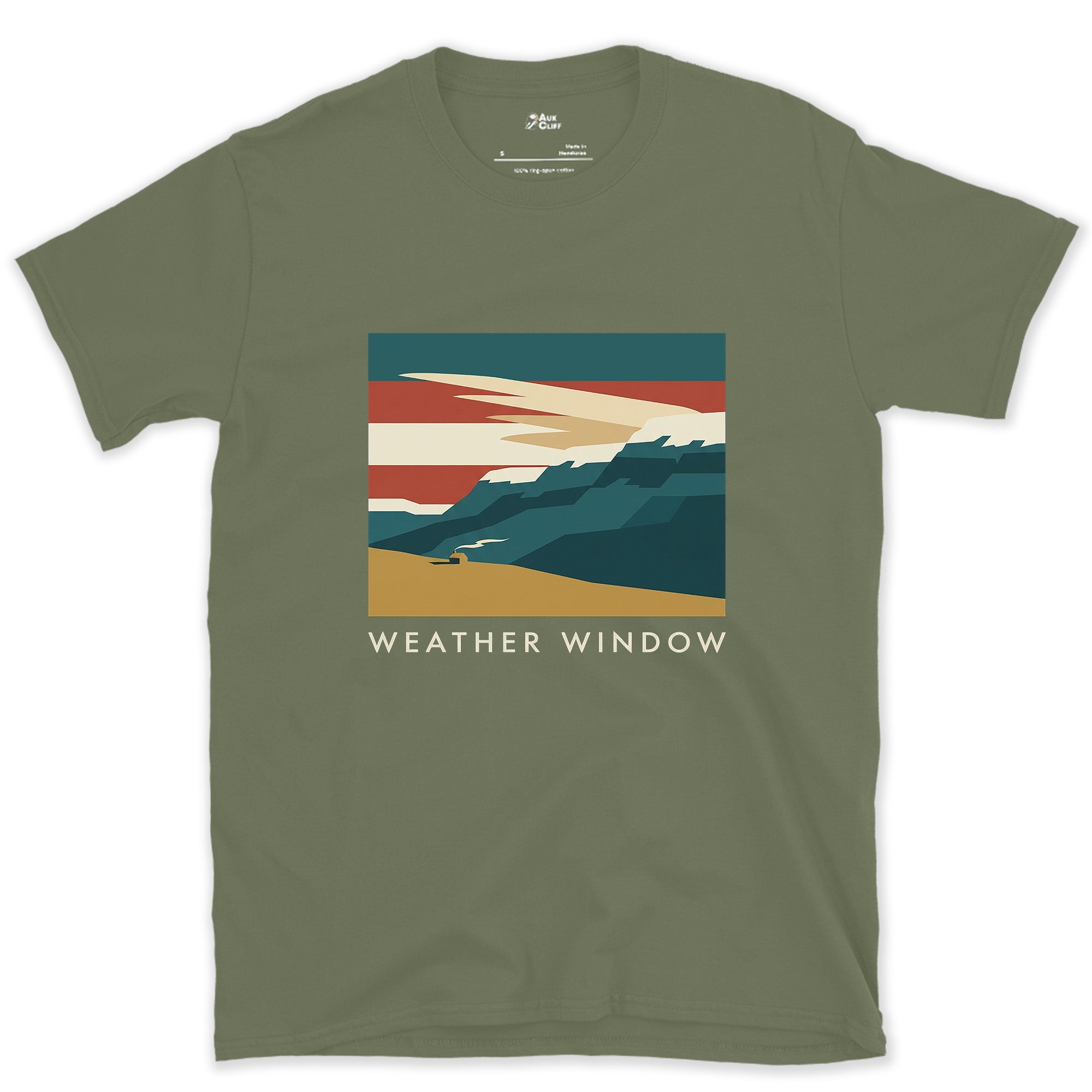 Weather Window, Storm Clouds Breaking Over the Mountains design on a Military Green Gildan Softstyle t-shirt
