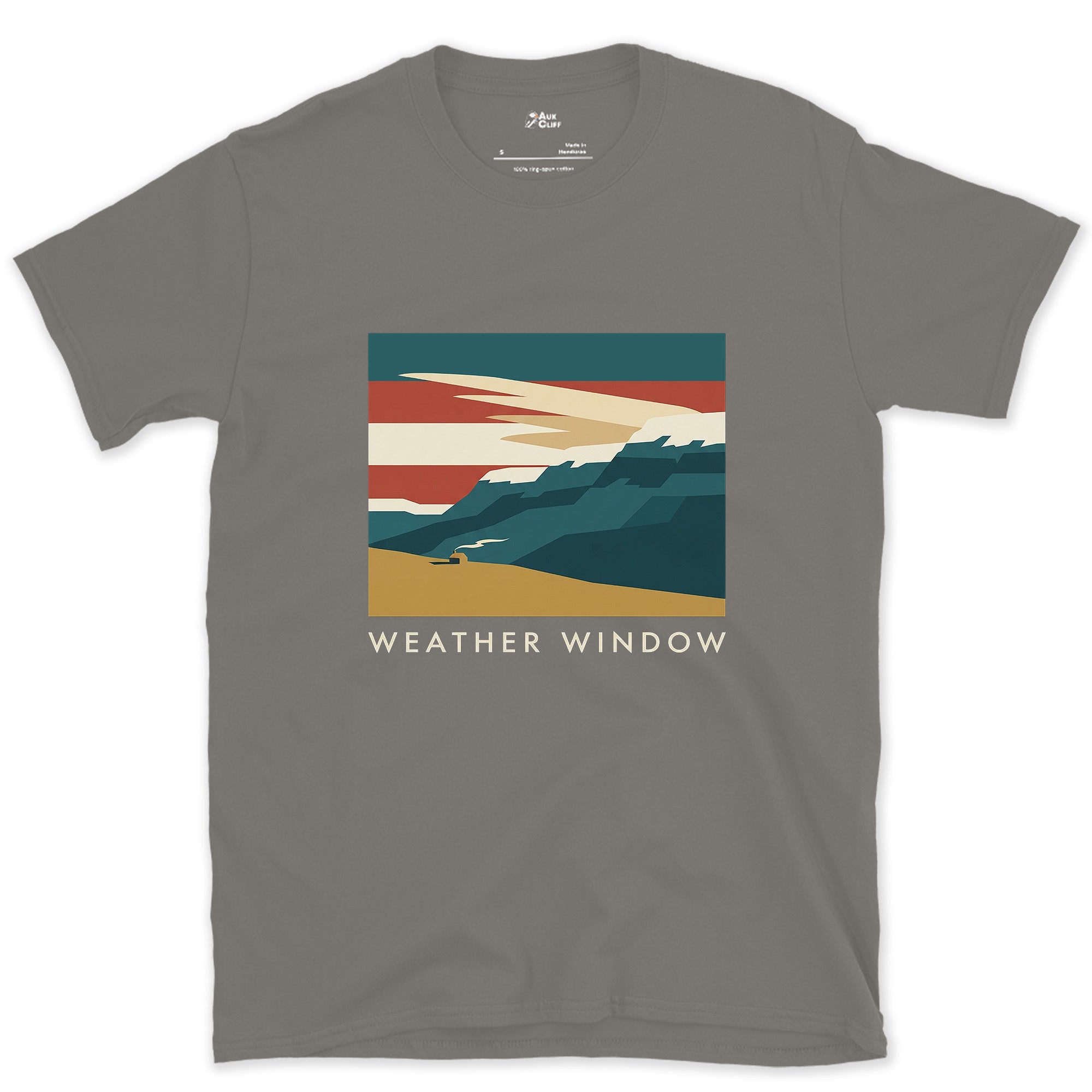 Weather Window, Storm Clouds Breaking Over the Mountains design on a Charcoal Gildan Softstyle t-shirt