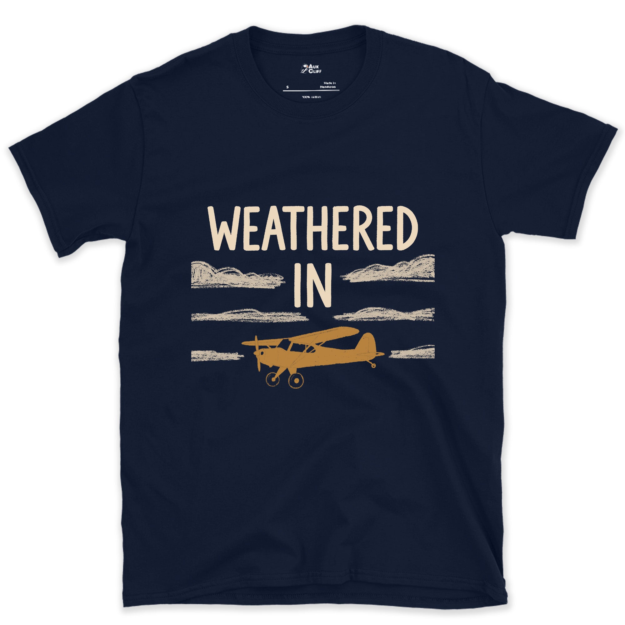 Weathered In, Bush Plane Under Low Cloud design on a Navy Gildan Softstyle t-shirt