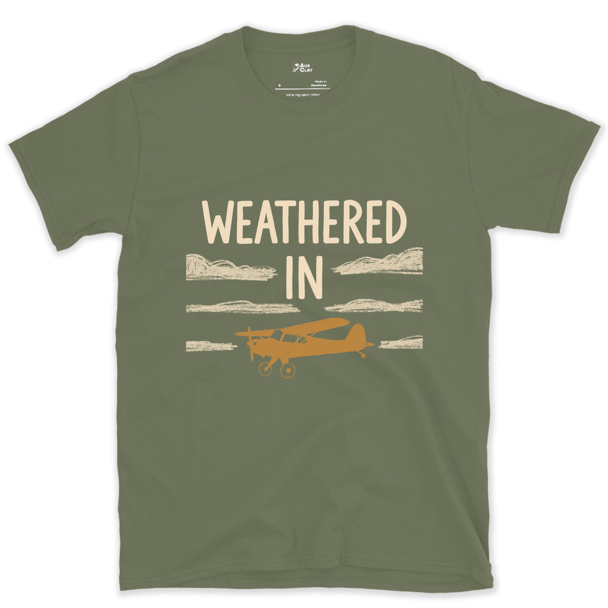 Weathered In, Bush Plane Under Low Cloud design on a Military Green Gildan Softstyle t-shirt