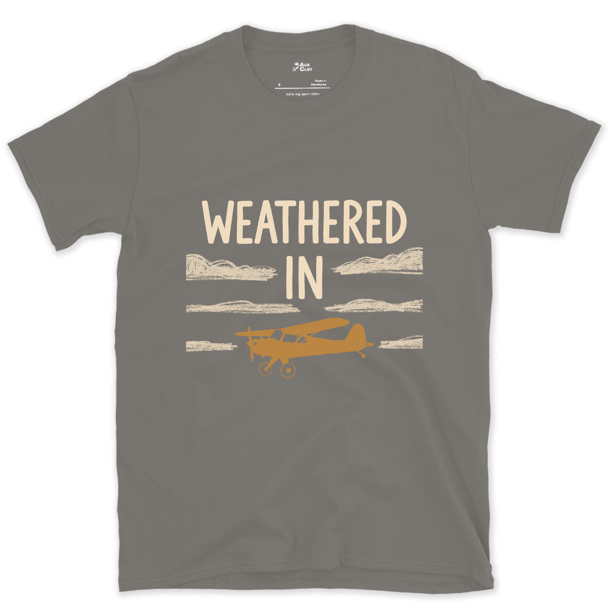 Weathered In, Bush Plane Under Low Cloud design on a Charcoal Gildan Softstyle t-shirt