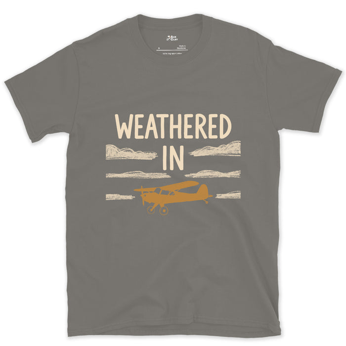Weathered In, Bush Plane Under Low Cloud design on a Charcoal Gildan Softstyle t-shirt