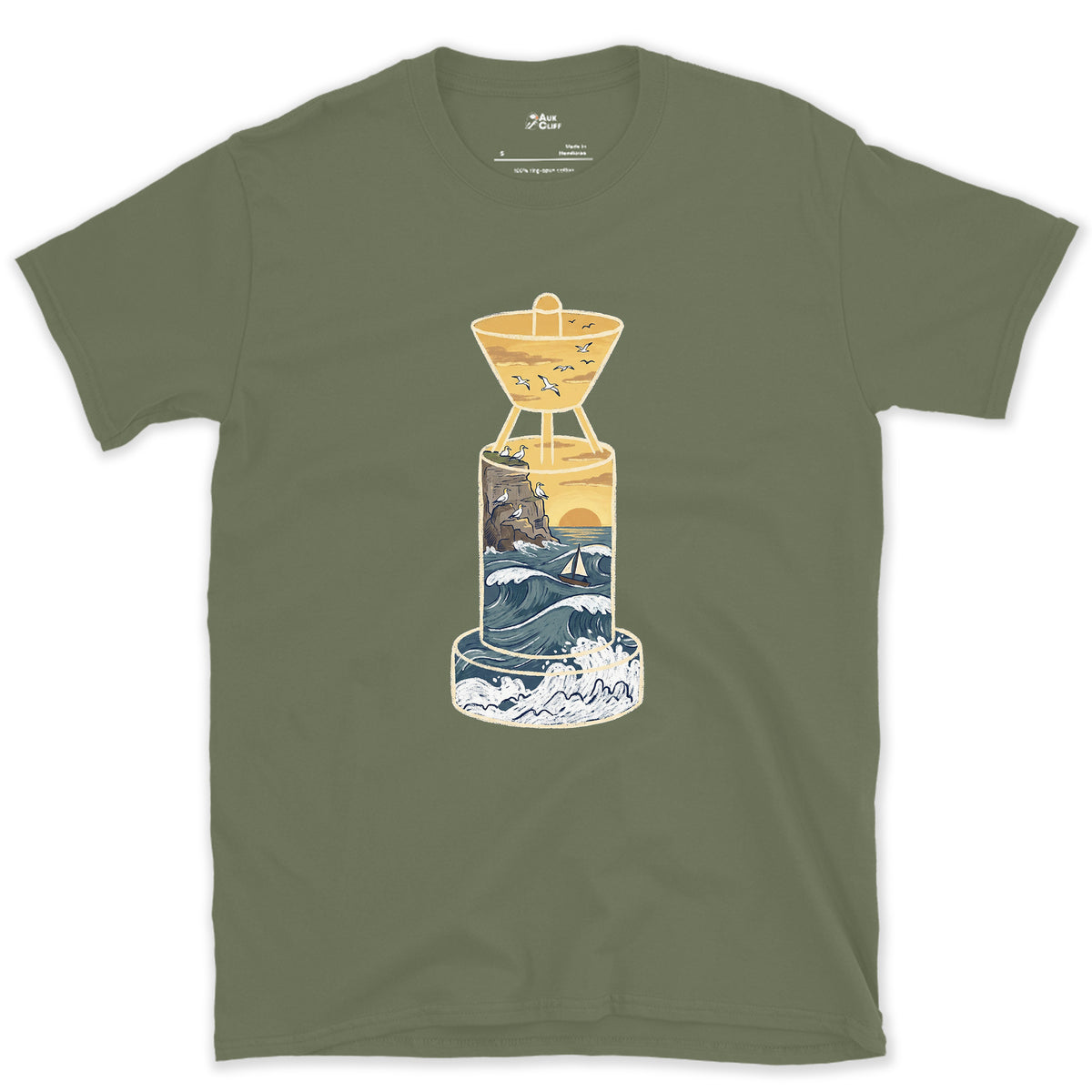 West Cardinal, Atlantic Swell design on a Military Green Gildan Softstyle t-shirt