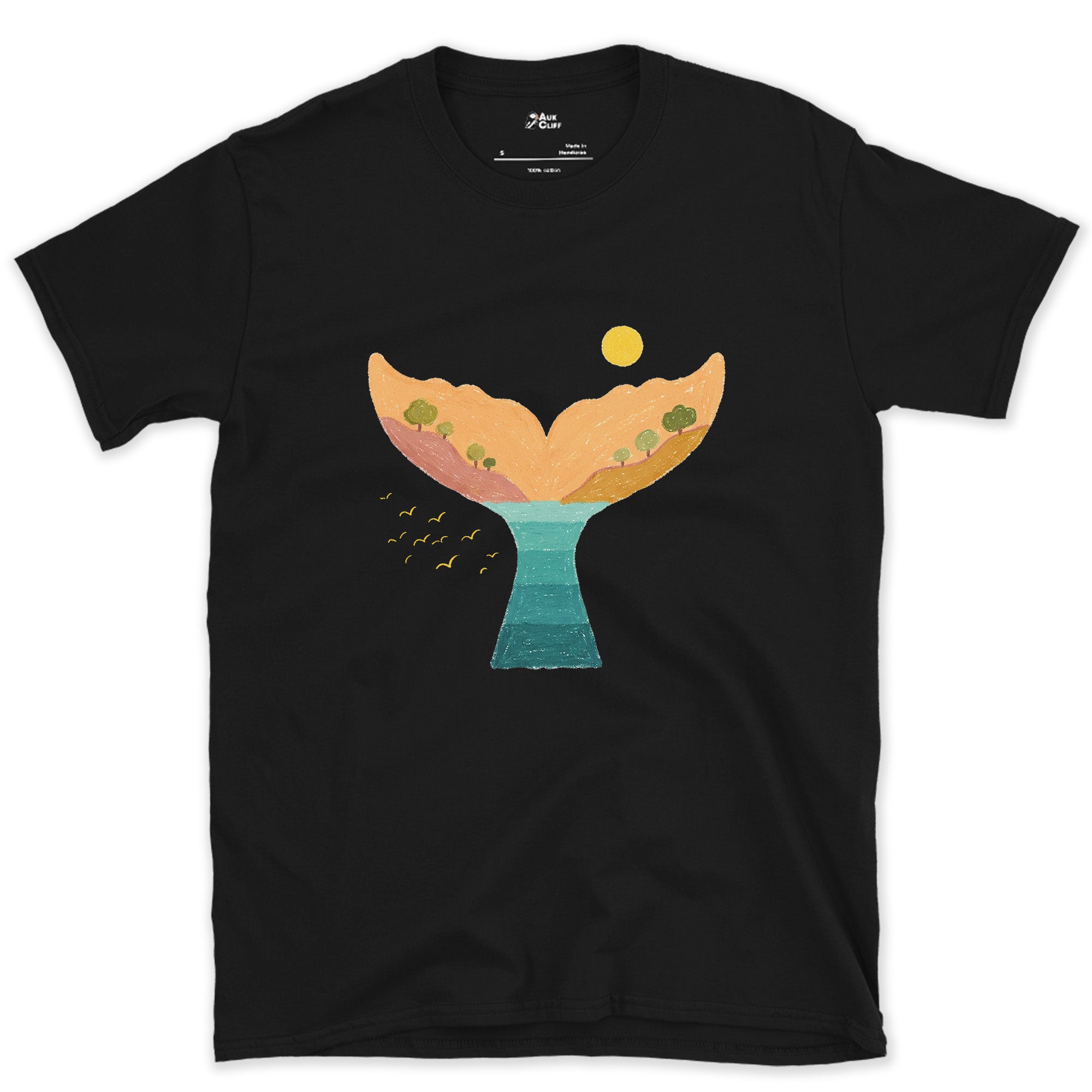 Sunset Hills Filling a Whale's Tail design on a Black Gildan Softstyle t-shirt