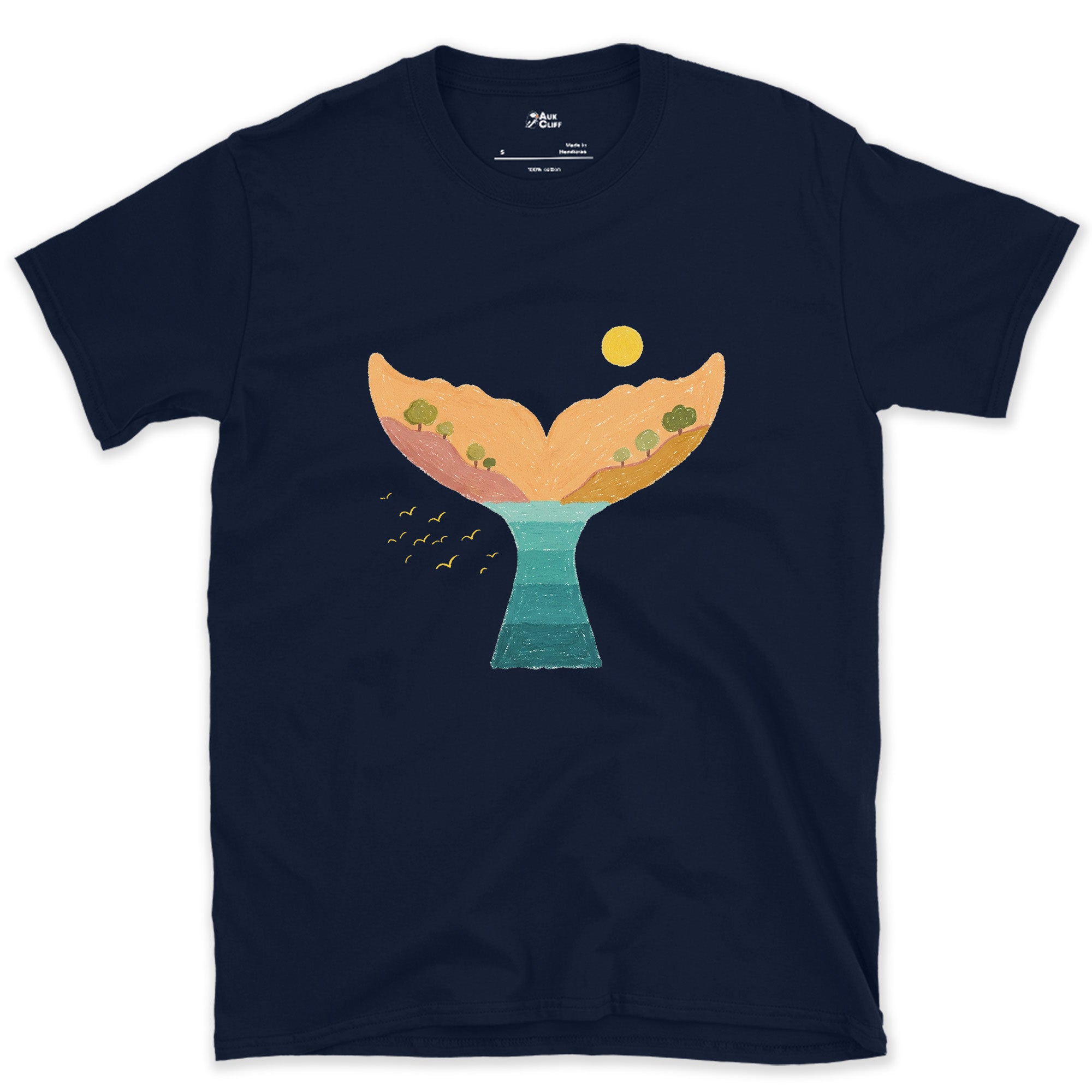 Sunset Hills Filling a Whale's Tail design on a Navy Gildan Softstyle t-shirt