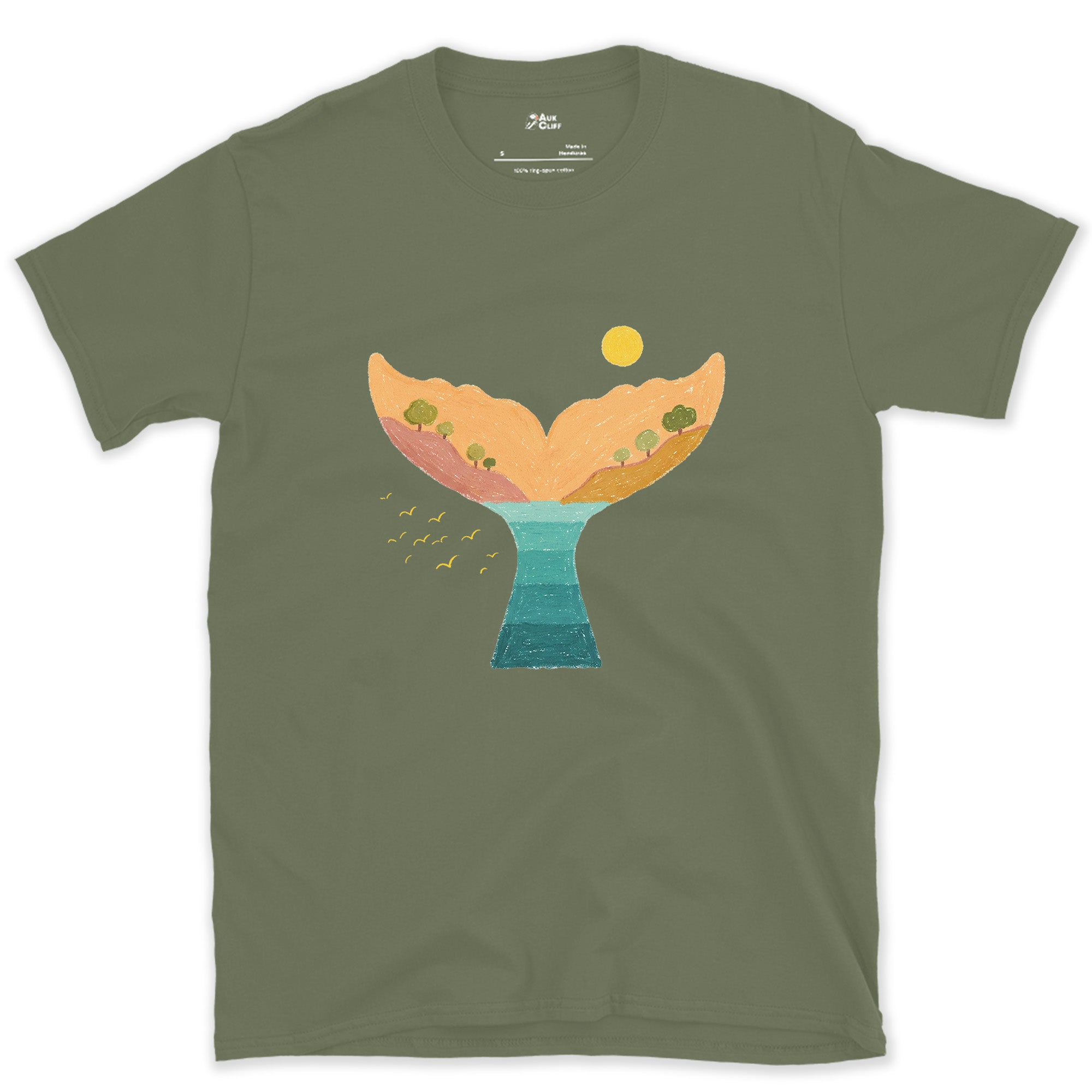 Sunset Hills Filling a Whale's Tail design on a Military Green Gildan Softstyle t-shirt