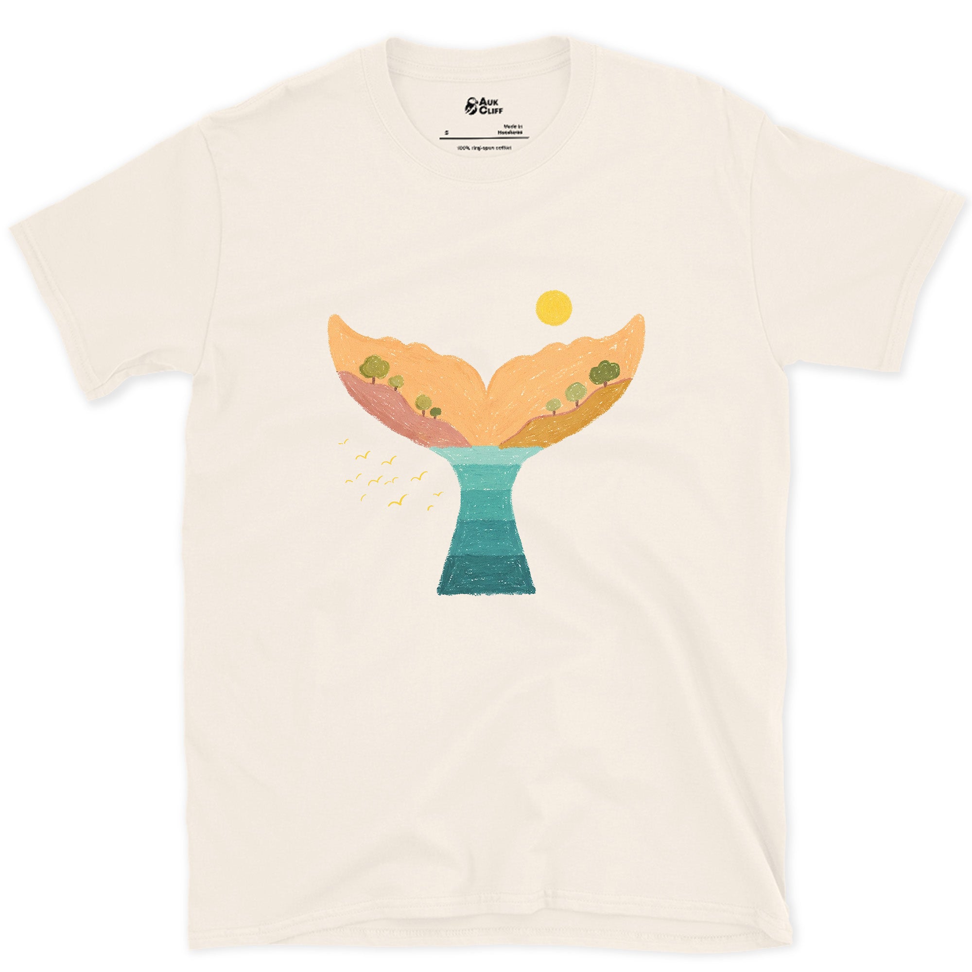 Sunset Hills Filling a Whale's Tail design on a Natural Gildan Softstyle t-shirt