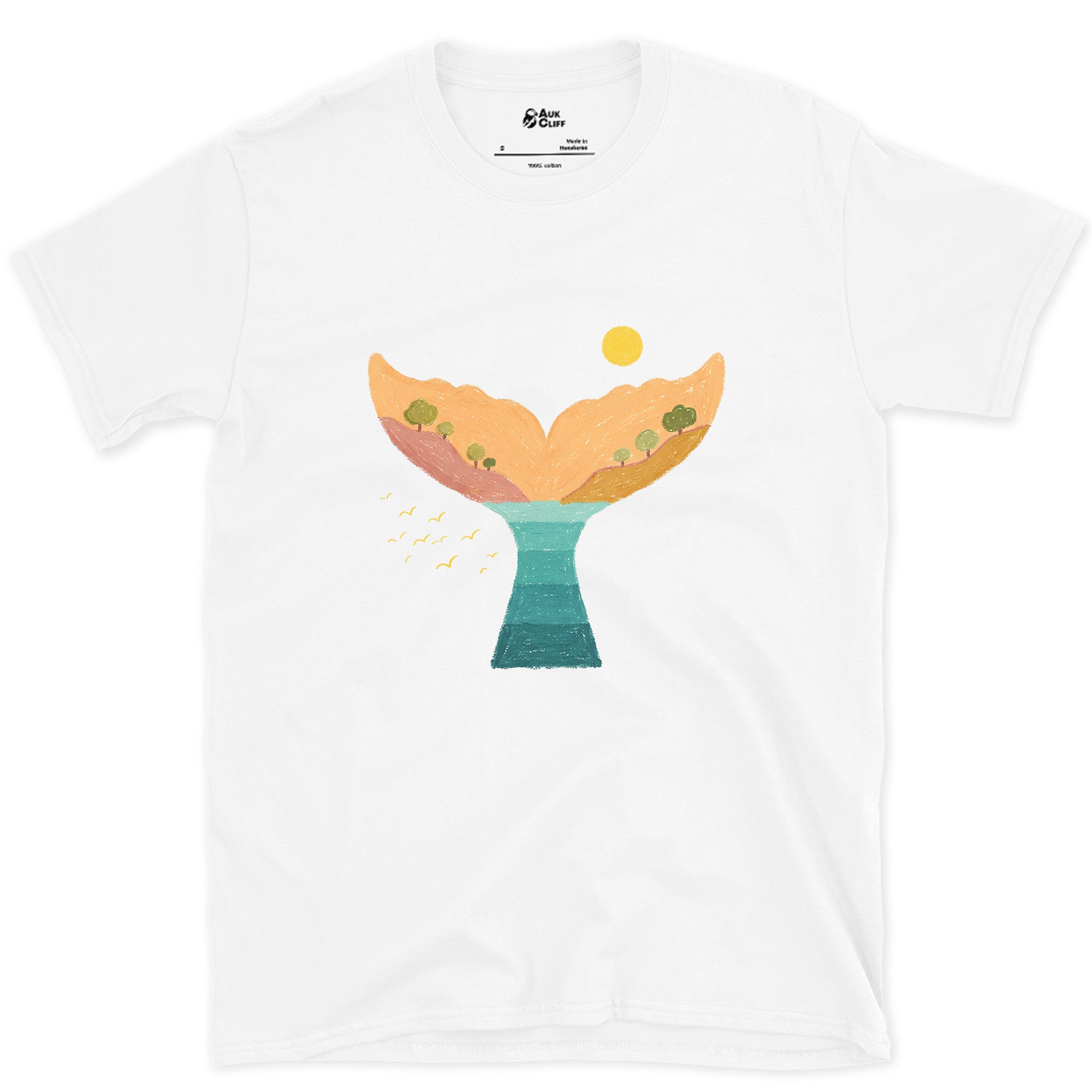 Sunset Hills Filling a Whale's Tail design on a White Gildan Softstyle t-shirt