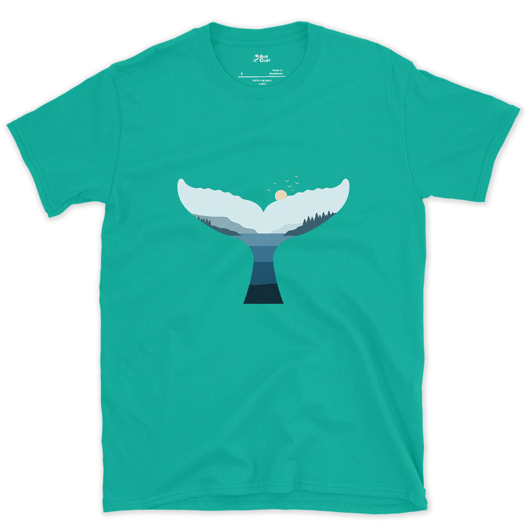 Mountain Range Rising Inside a Whale's Tail design on a Jade Dome Gildan Softstyle t-shirt