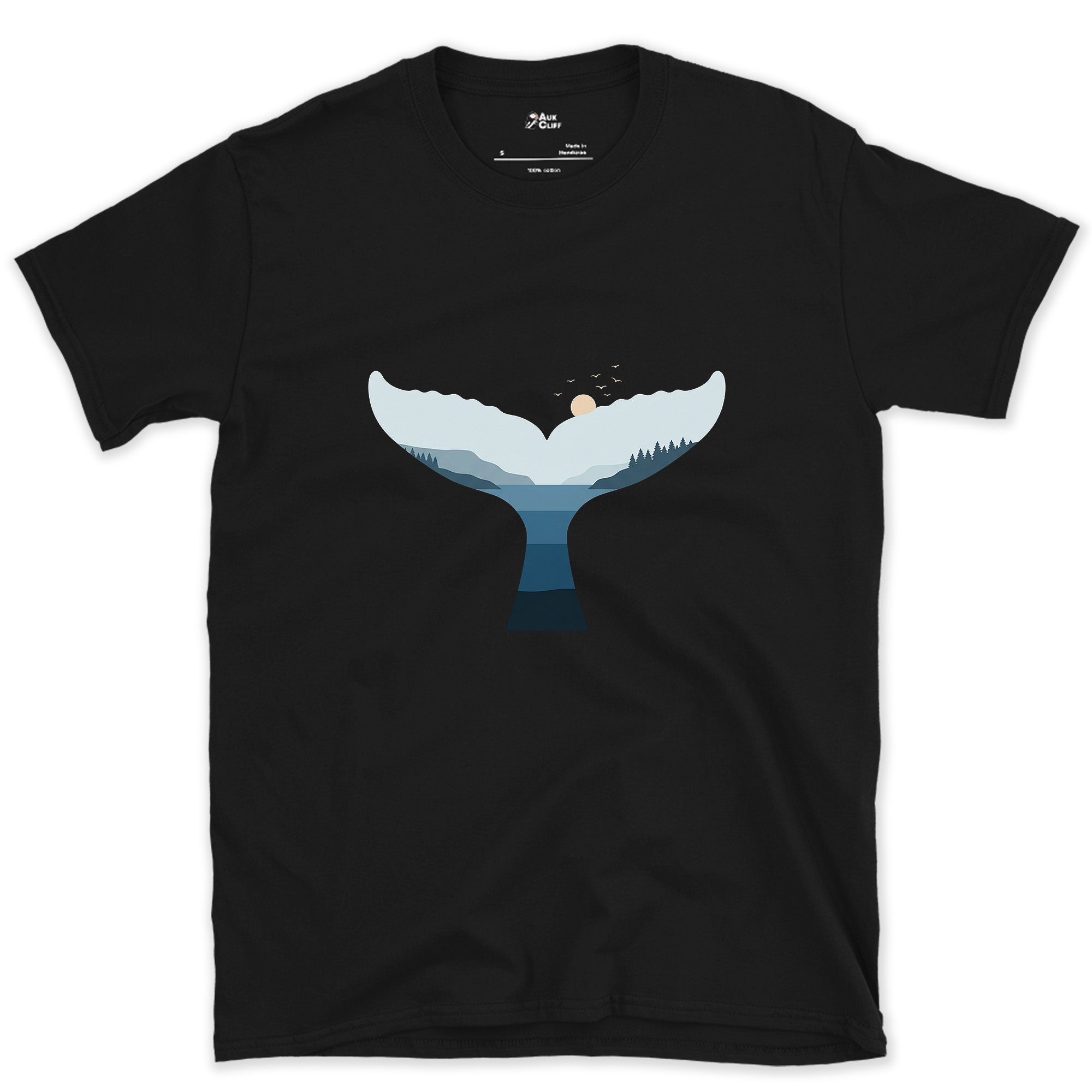 Mountain Range Rising Inside a Whale's Tail design on a Black Gildan Softstyle t-shirt