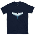 Mountain Range Rising Inside a Whale's Tail design on a Navy Gildan Softstyle t-shirt