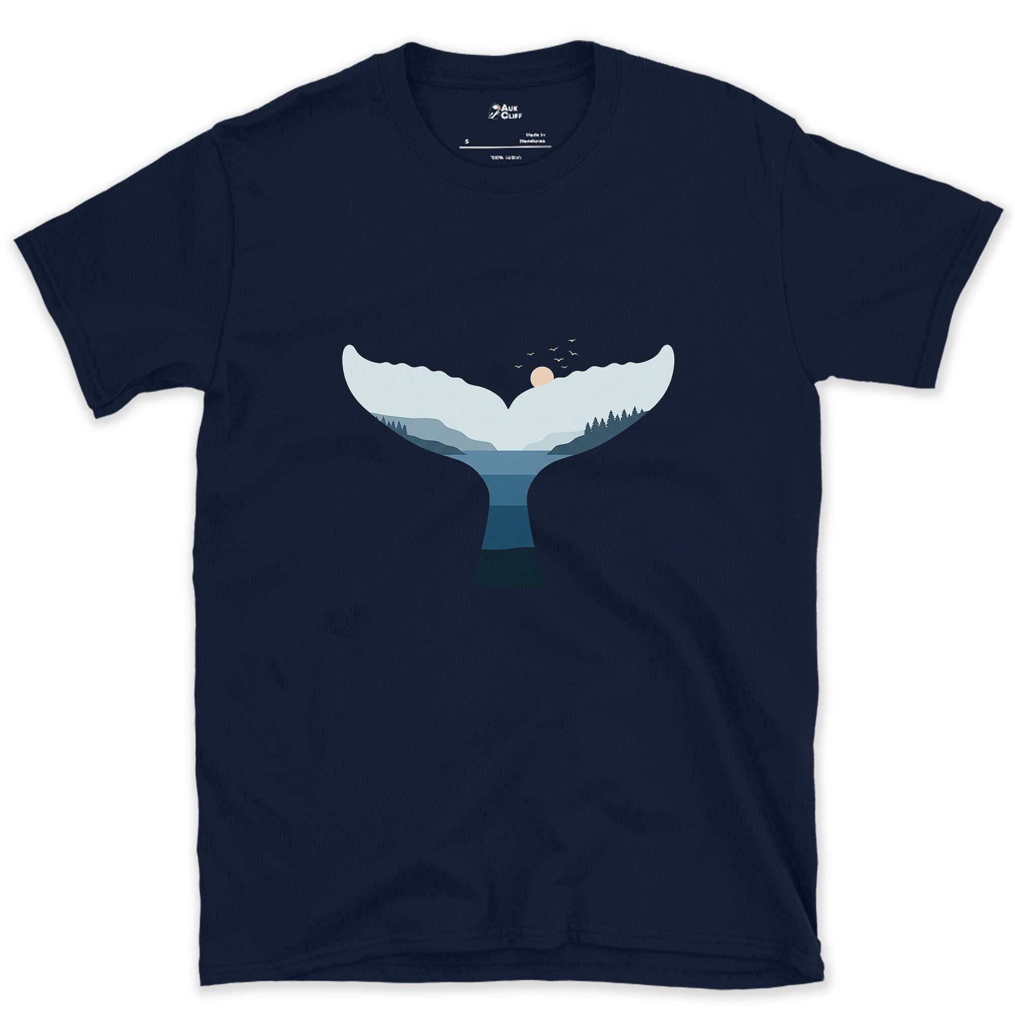 Mountain Range Rising Inside a Whale's Tail design on a Navy Gildan Softstyle t-shirt