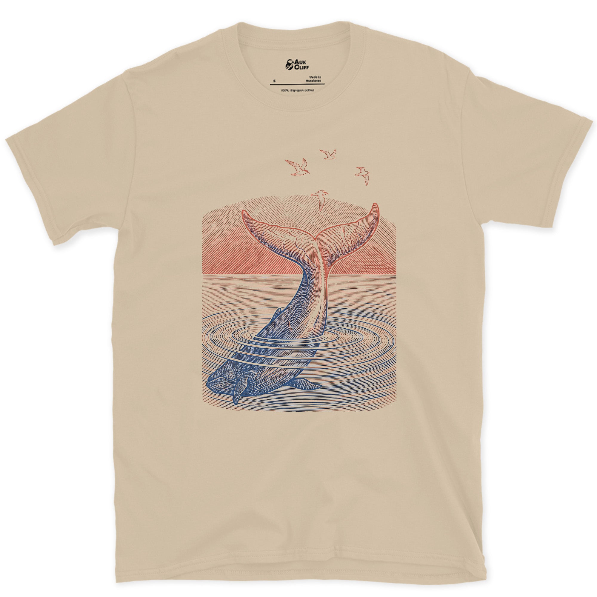 Seabirds Close In as the Whale Tail Dives design on a Sand Gildan Softstyle t-shirt