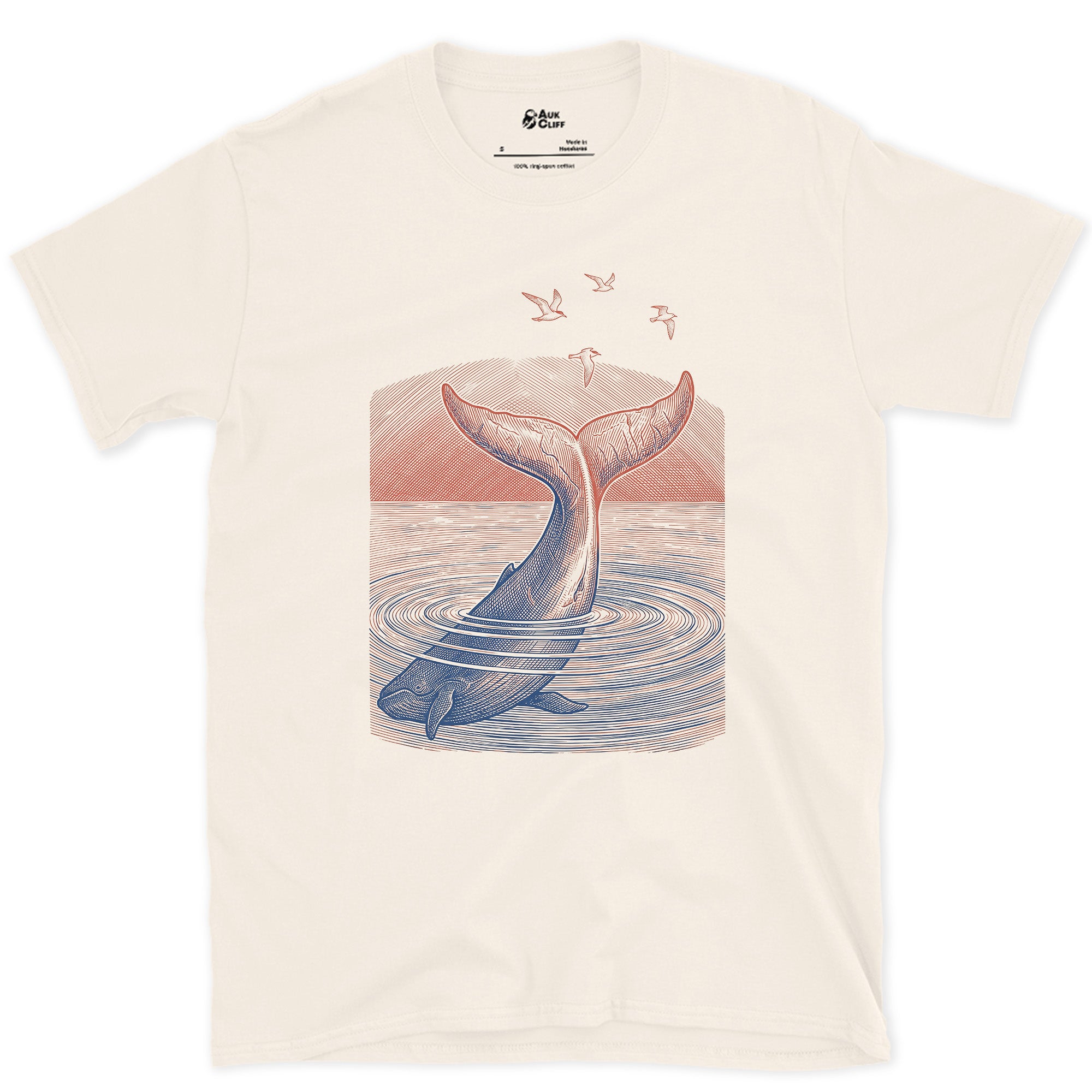 Seabirds Close In as the Whale Tail Dives design on a Natural Gildan Softstyle t-shirt