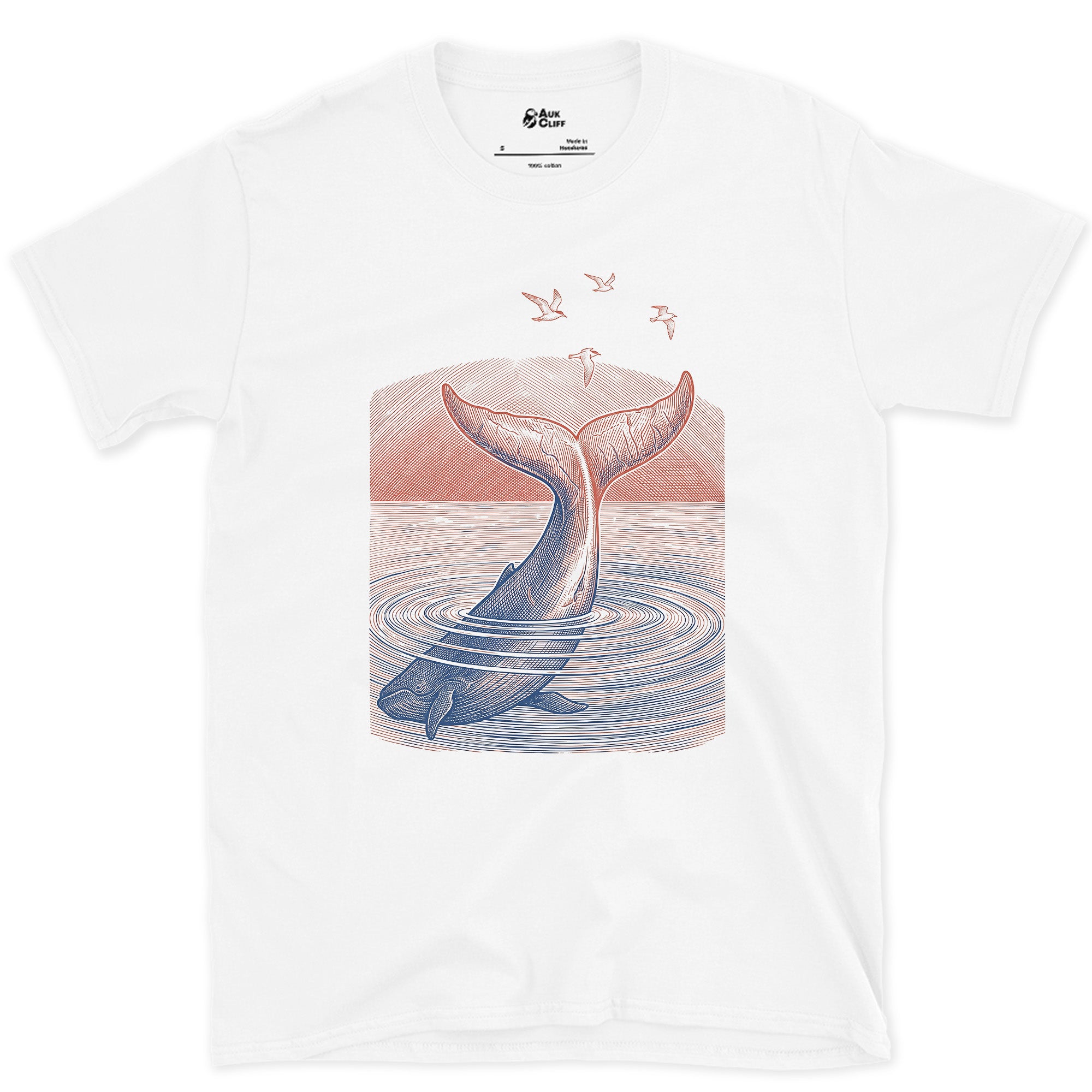 Seabirds Close In as the Whale Tail Dives design on a White Gildan Softstyle t-shirt