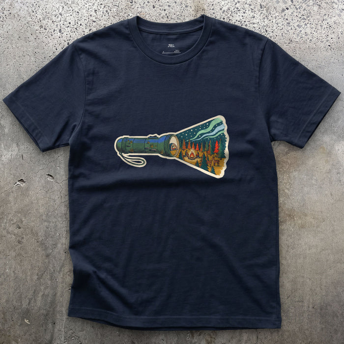 What the Beam Found, Hand Torch design on a Navy Gildan Softstyle t-shirt
