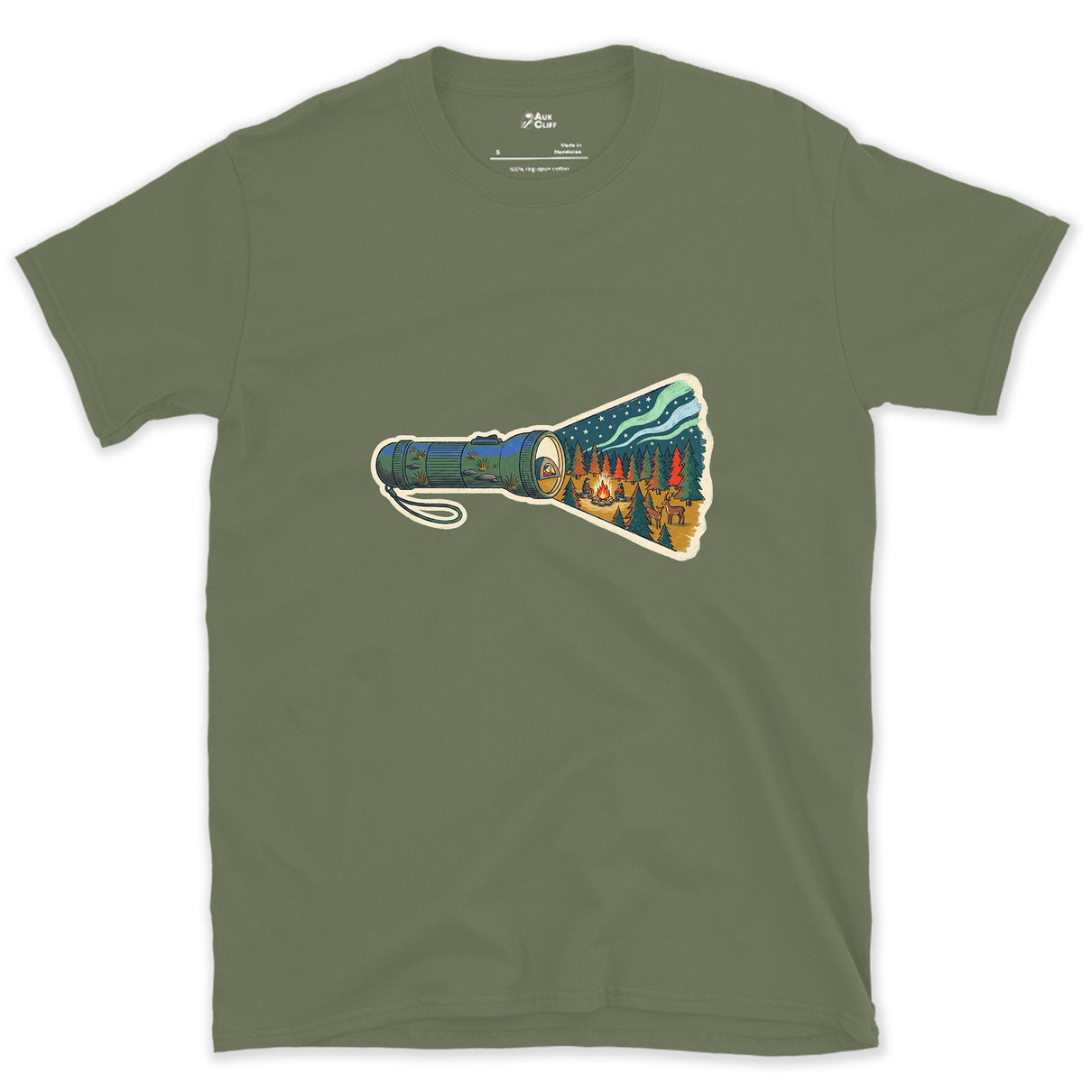 What the Beam Found, Hand Torch design on a Military Green Gildan Softstyle t-shirt