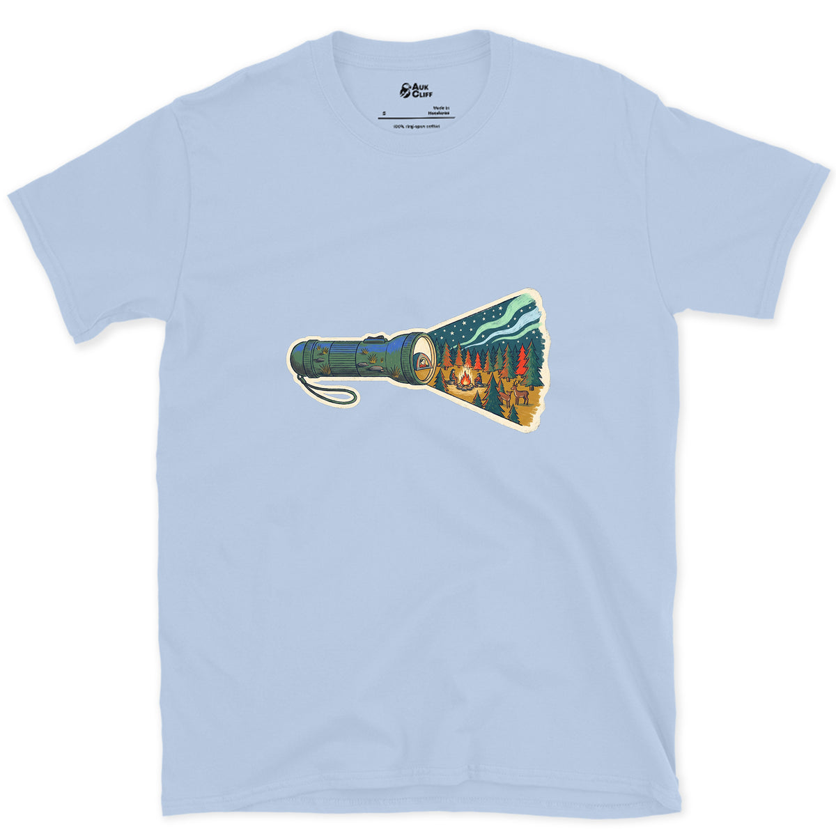 What the Beam Found, Hand Torch design on a Light Blue Gildan Softstyle t-shirt