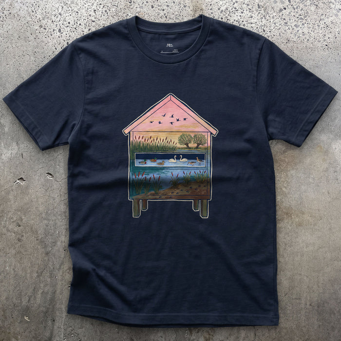 What the Hide Looks Out On design on a Navy Gildan Softstyle t-shirt
