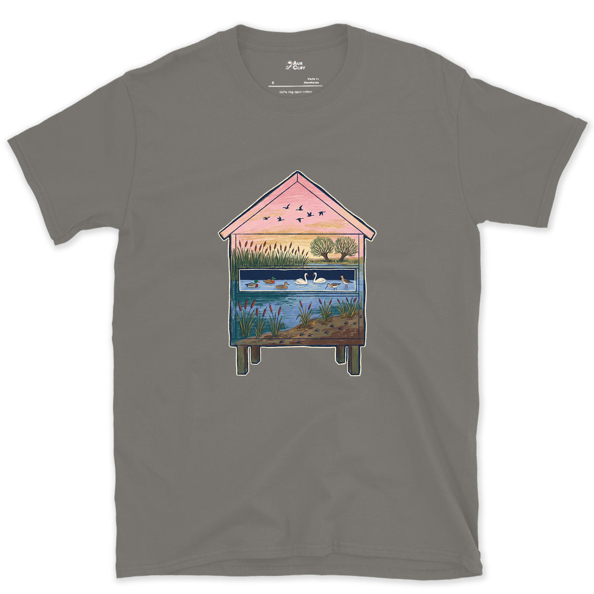 What the Hide Looks Out On design on a Charcoal Gildan Softstyle t-shirt