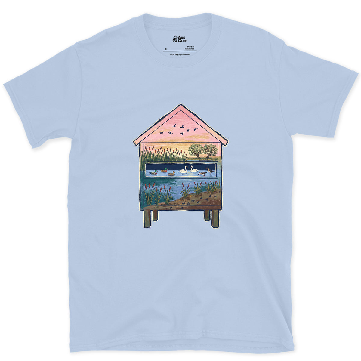 What the Hide Looks Out On design on a Light Blue Gildan Softstyle t-shirt
