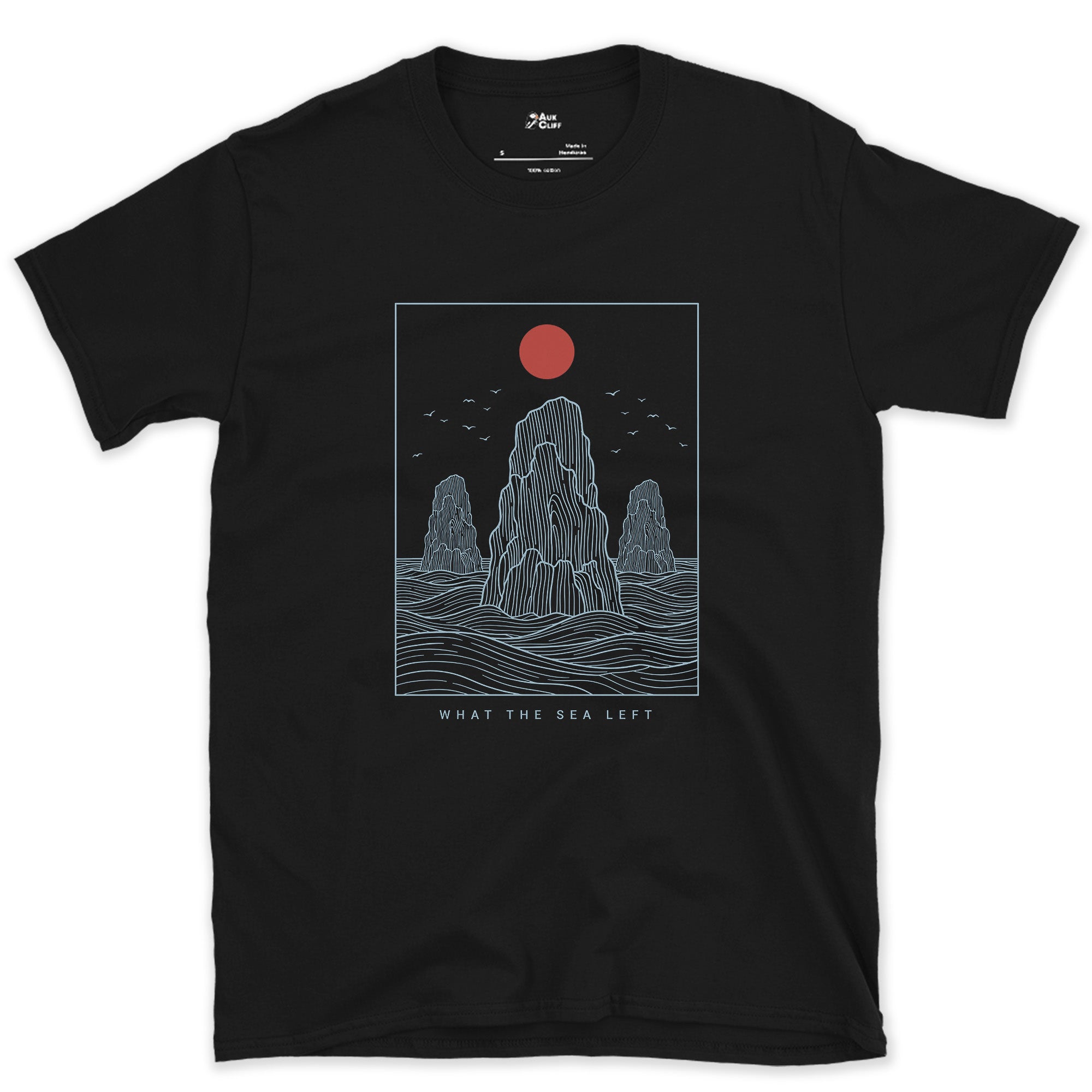 What the Sea Left, Stacks and Birds design on a Black Gildan Softstyle t-shirt