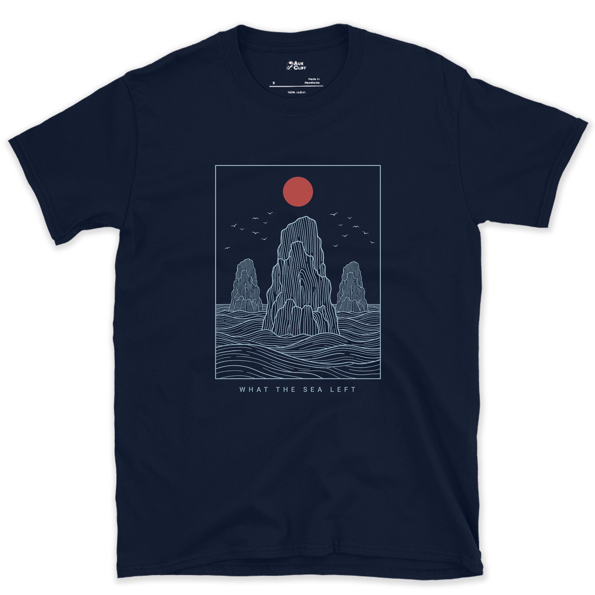 What the Sea Left, Stacks and Birds design on a Navy Gildan Softstyle t-shirt