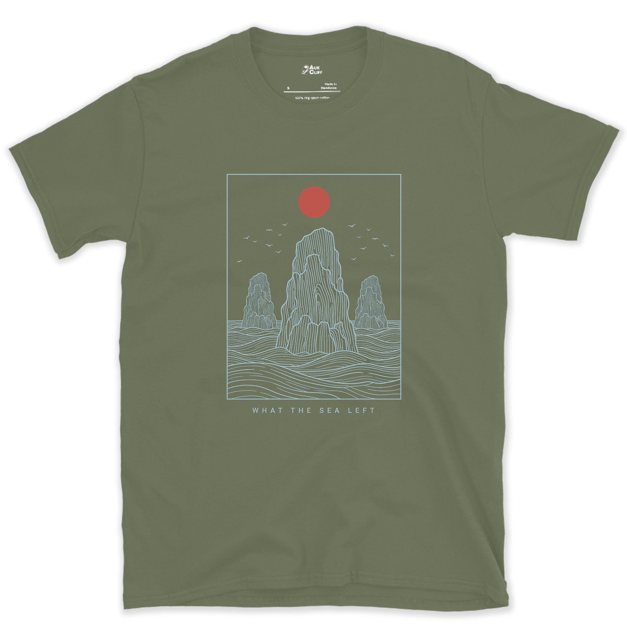 What the Sea Left, Stacks and Birds design on a Military Green Gildan Softstyle t-shirt