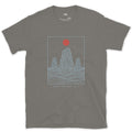 What the Sea Left, Stacks and Birds design on a Charcoal Gildan Softstyle t-shirt