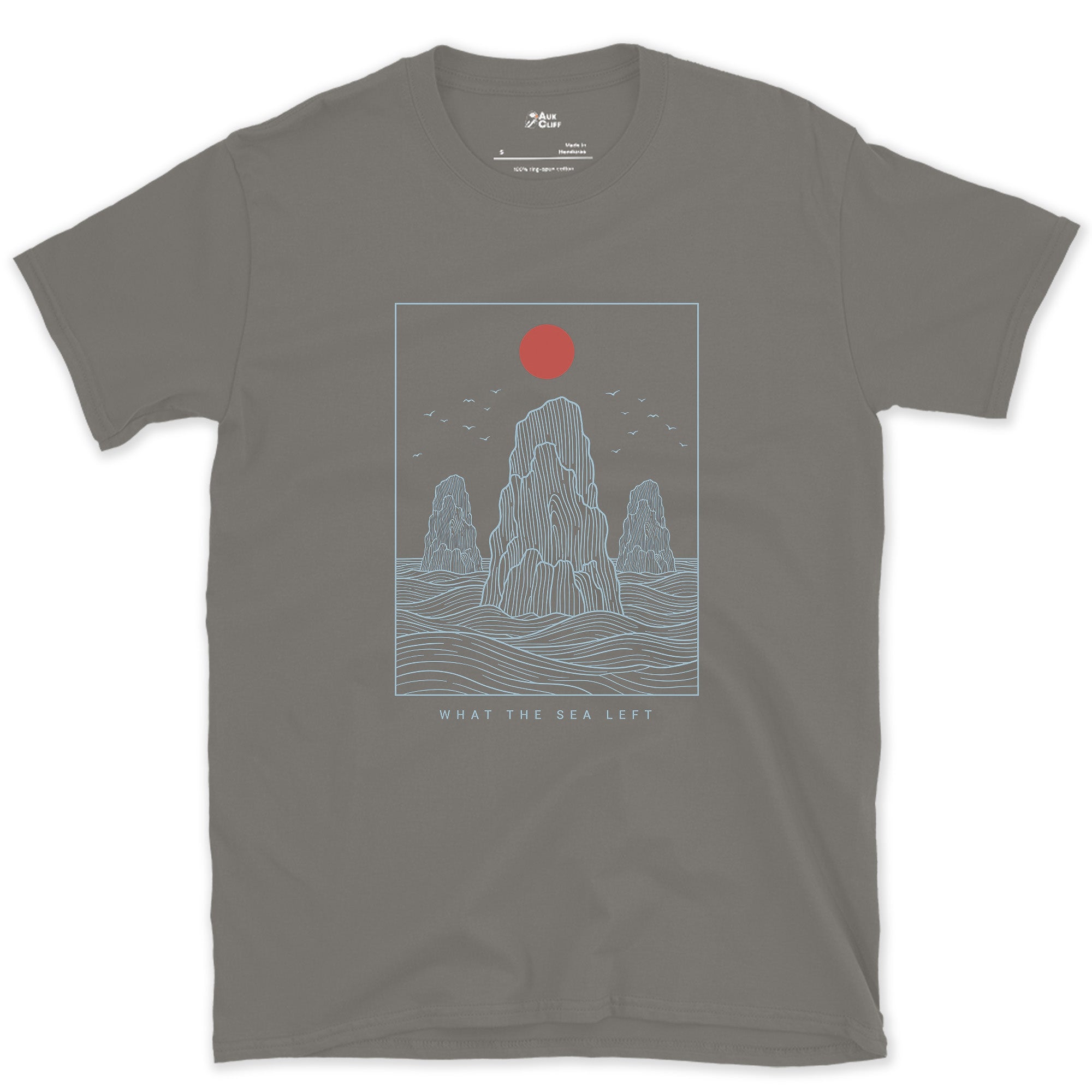 What the Sea Left, Stacks and Birds design on a Charcoal Gildan Softstyle t-shirt