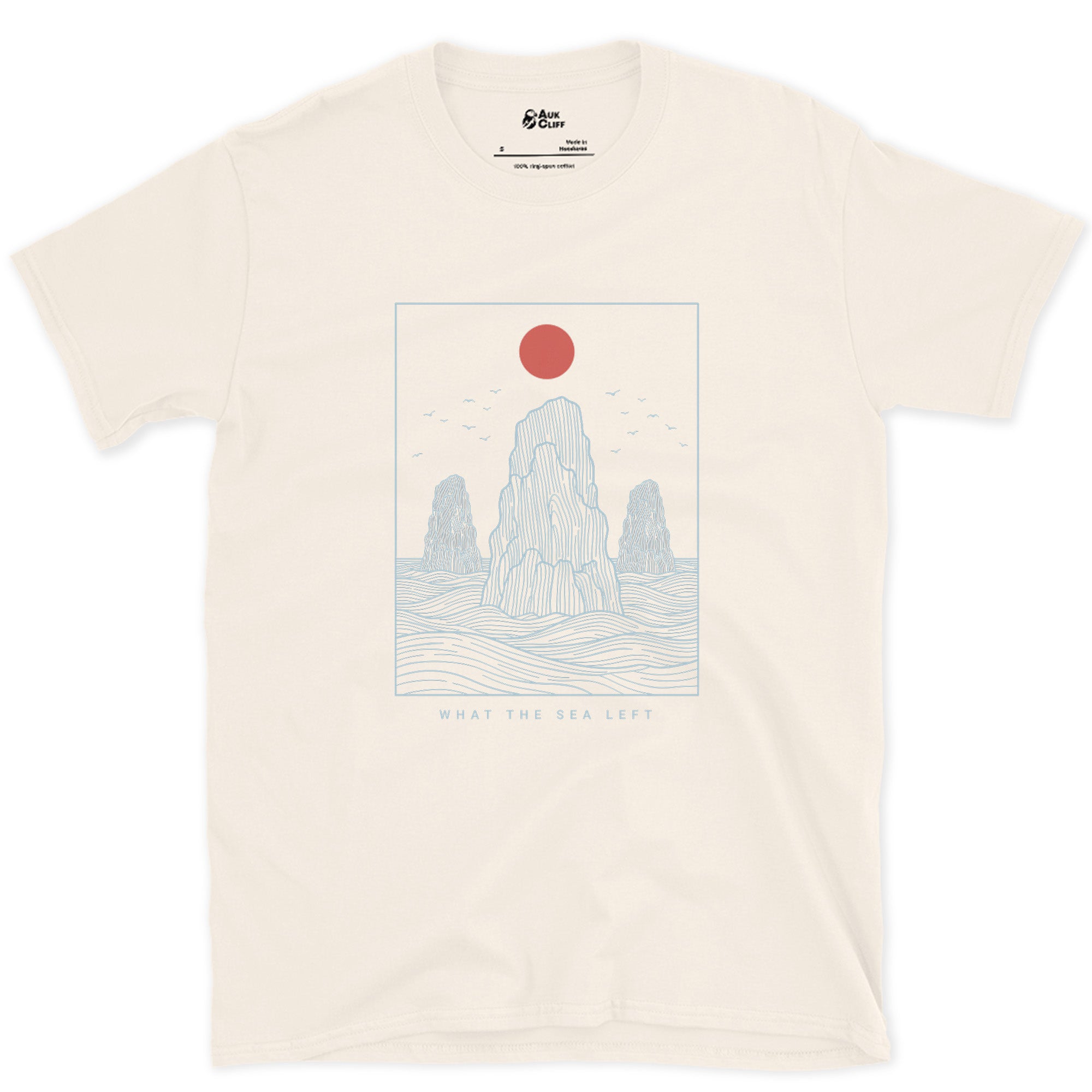 What the Sea Left, Stacks and Birds design on a Natural Gildan Softstyle t-shirt
