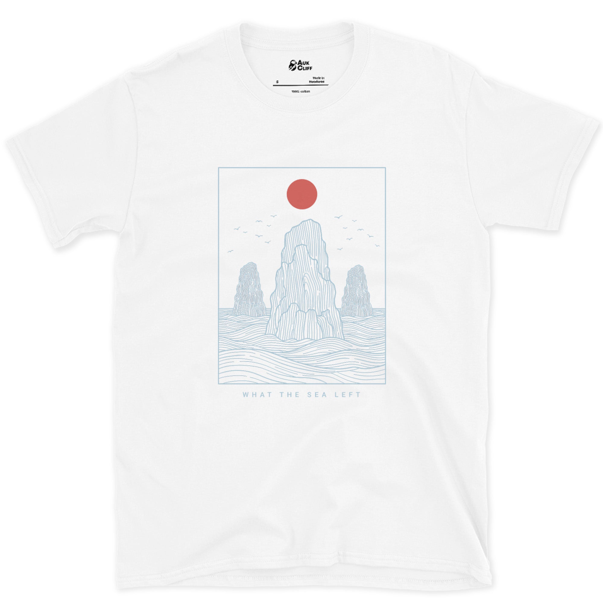 What the Sea Left, Stacks and Birds design on a White Gildan Softstyle t-shirt