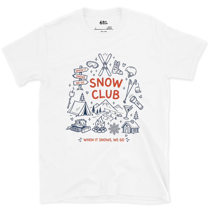 Snow Club, Margins Full of Gear design on a White Gildan Softstyle t-shirt