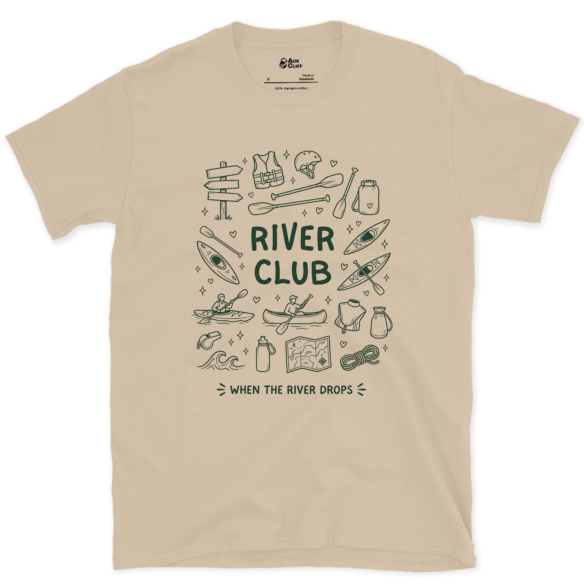 River Club, Ringed in Paddles design on a Sand Gildan Softstyle t-shirt