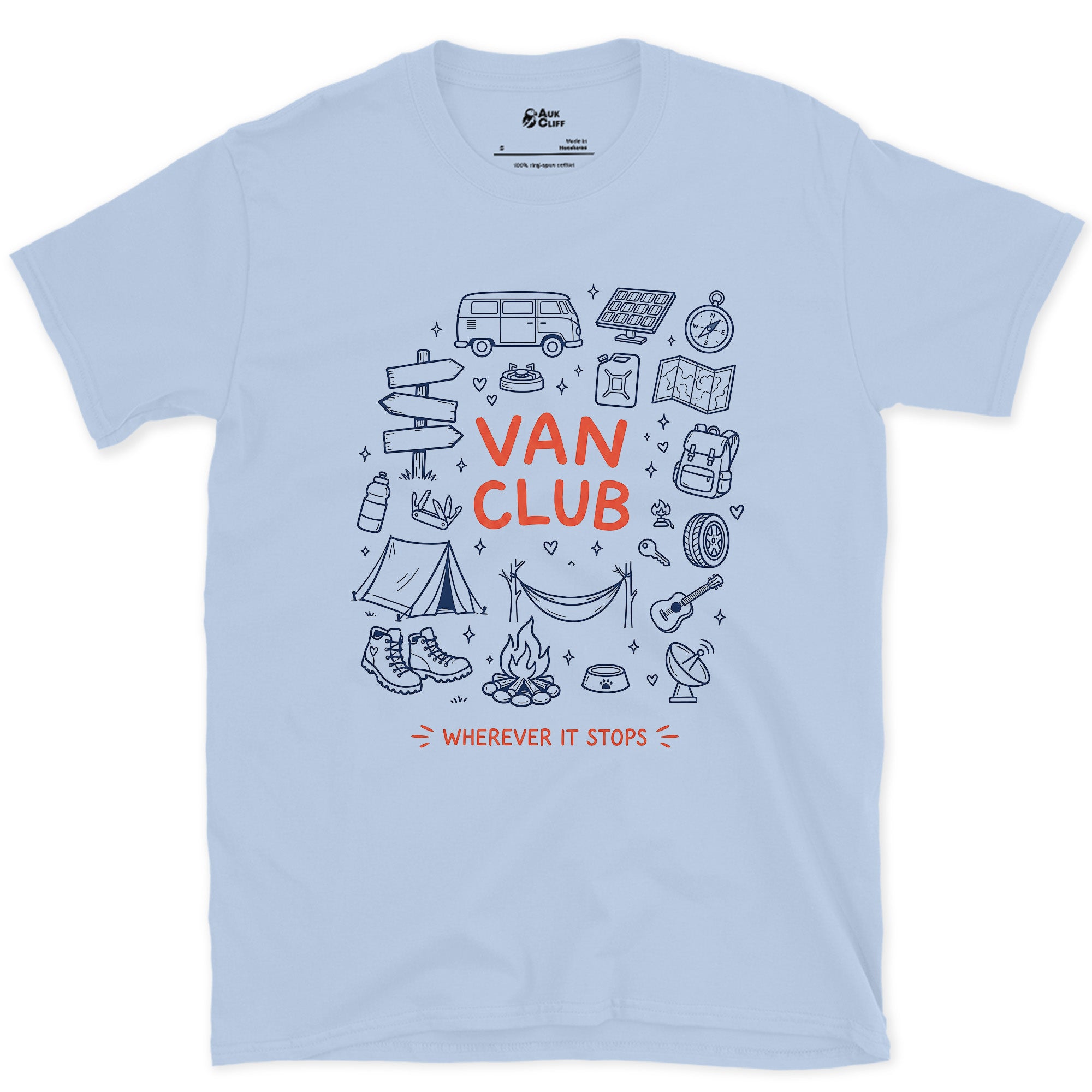 Wherever It Stops, Van Club design on a Light Blue Gildan Softstyle t-shirt