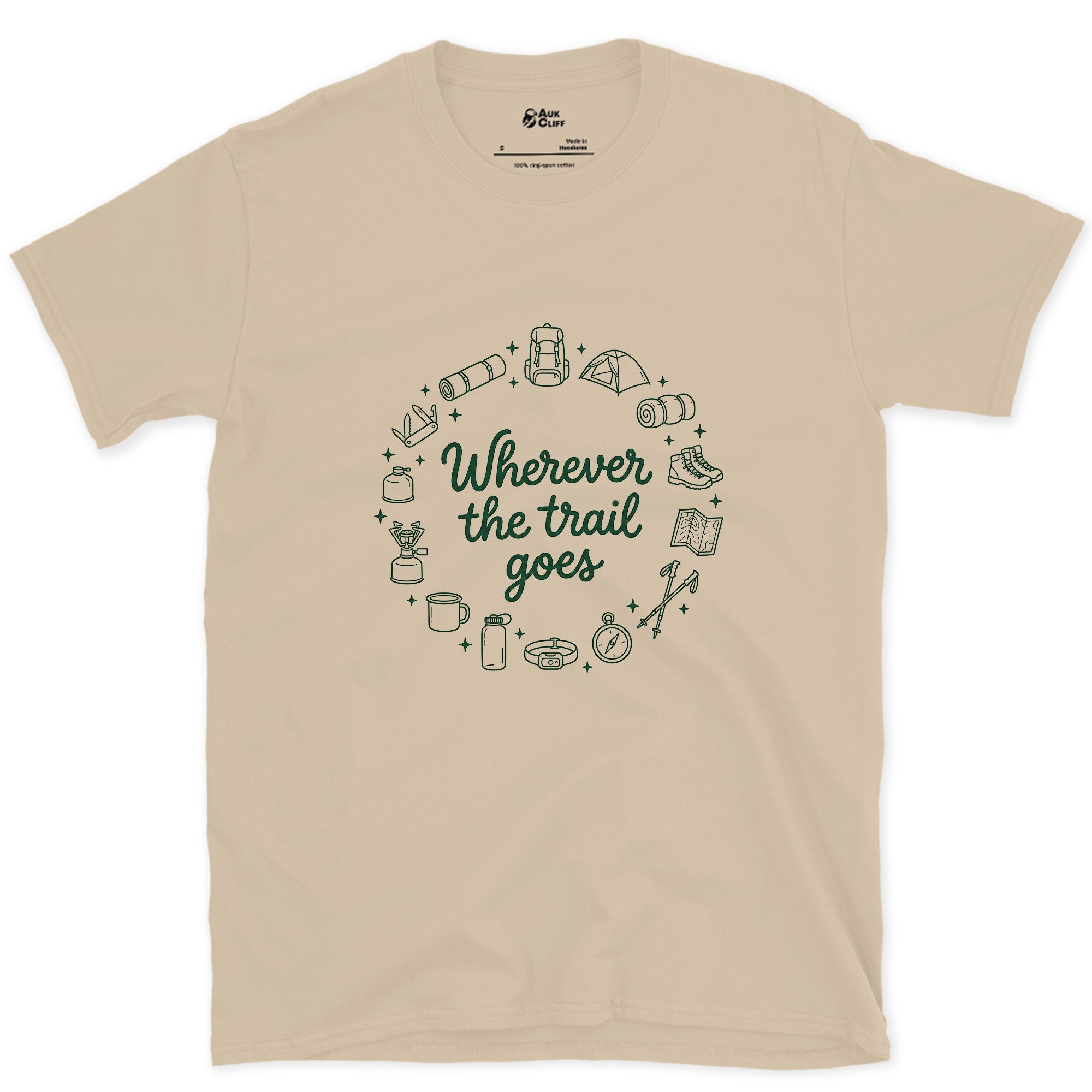 Wherever the Trail Goes design on a Sand Gildan Softstyle t-shirt