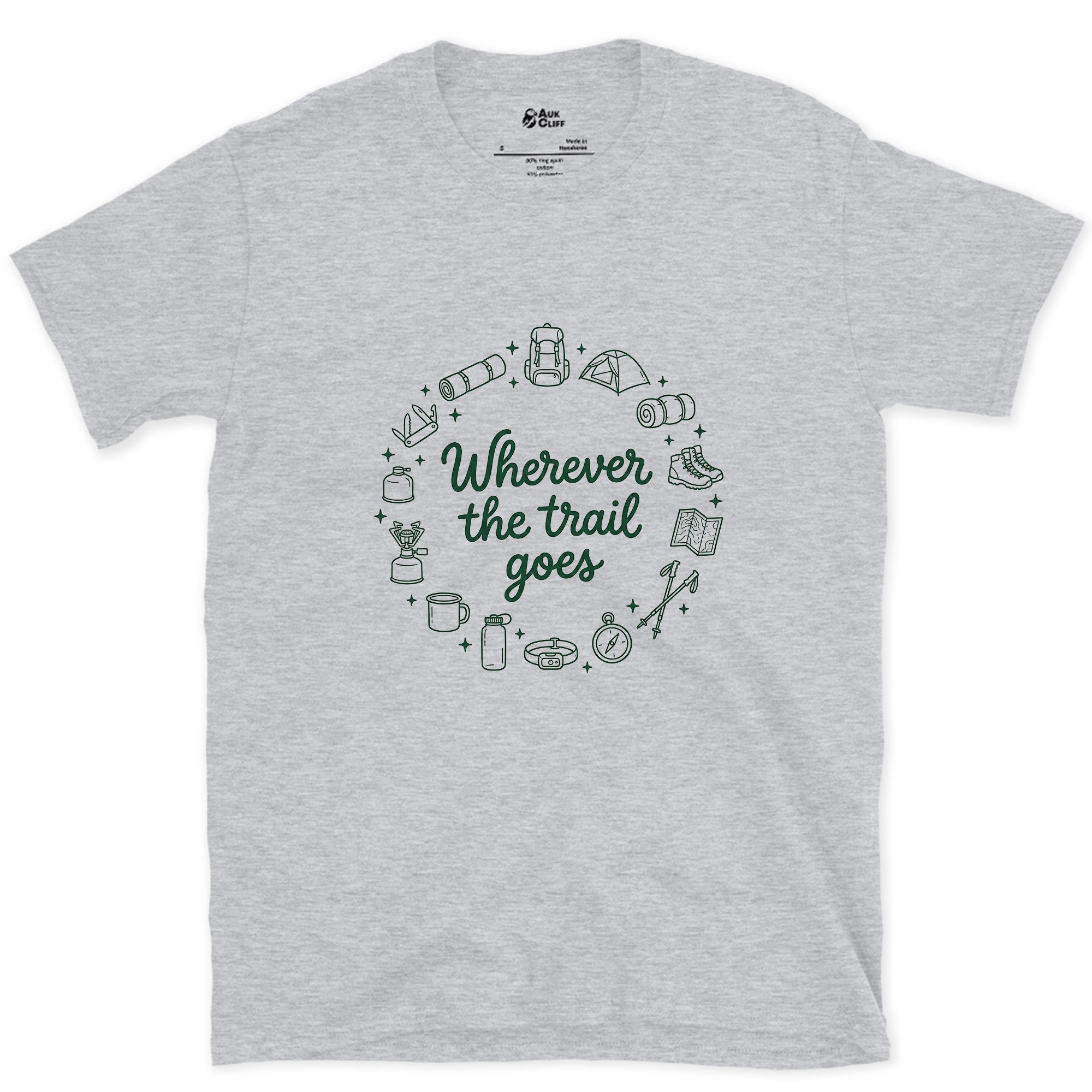 Wherever the Trail Goes design on a Sport Grey Gildan Softstyle t-shirt